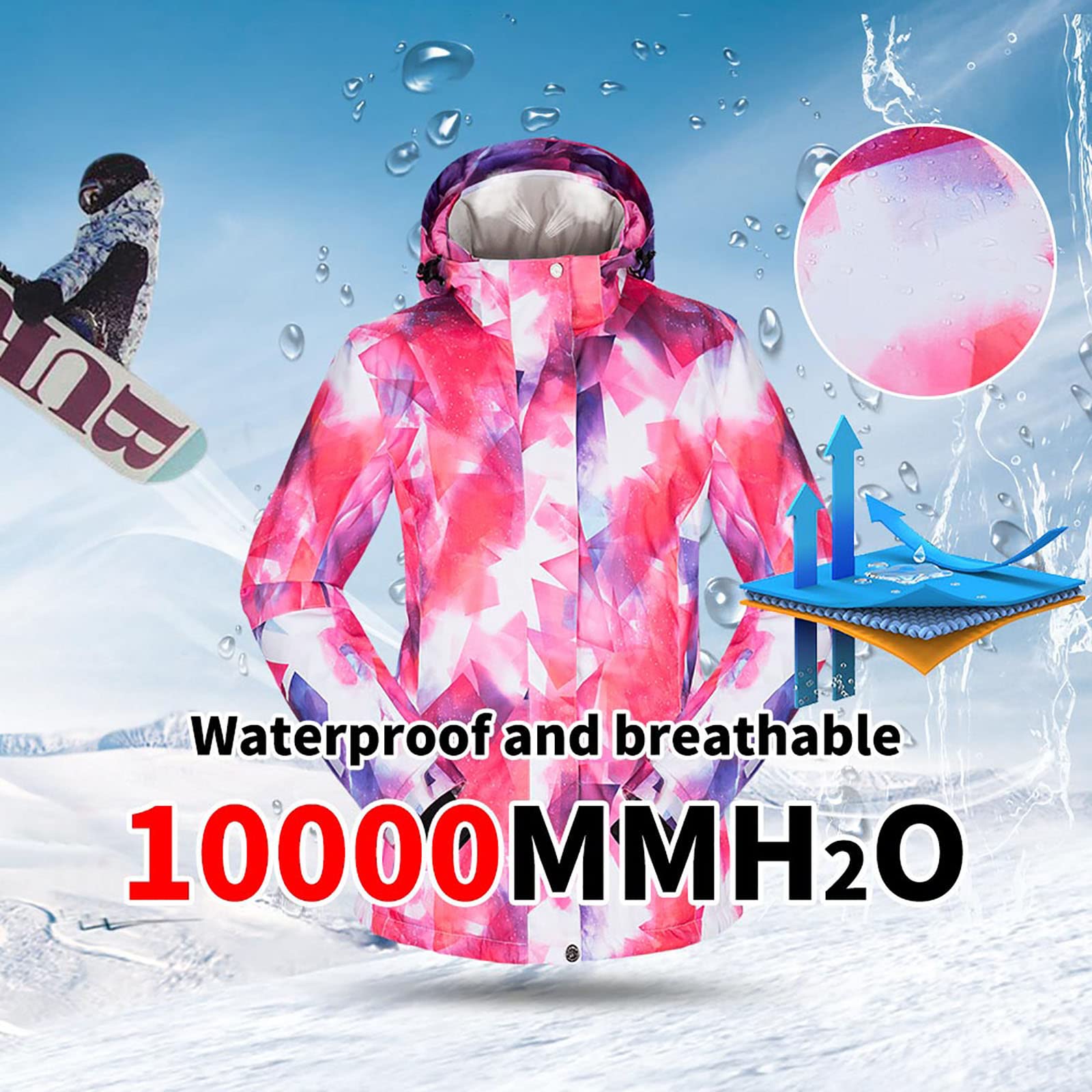 Damski outdoorowy kombinezon narciarski damski trójkątny wzór kurtki i spodnie ciepłe wodoodporne kolarstwo kemping, różowy, S (152 cm 45 kg)