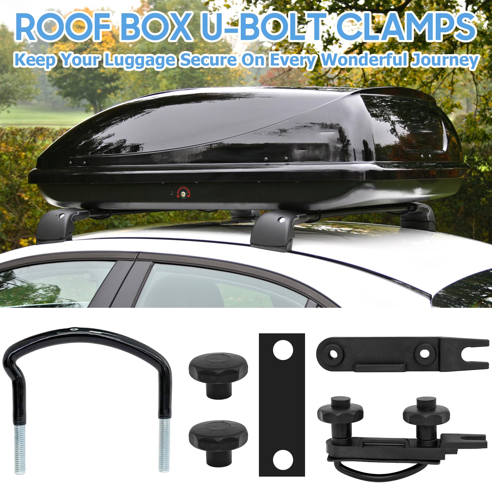 Kit de Fixation en U pour Coffre de Toit, 4 Jeux Boulons Universel, Largeur Interne 85 mm, avec 8 Ecrous de Blocage et 2 Bandages, Accessoire de Montage pour Véhicule SUV et Utilitaire