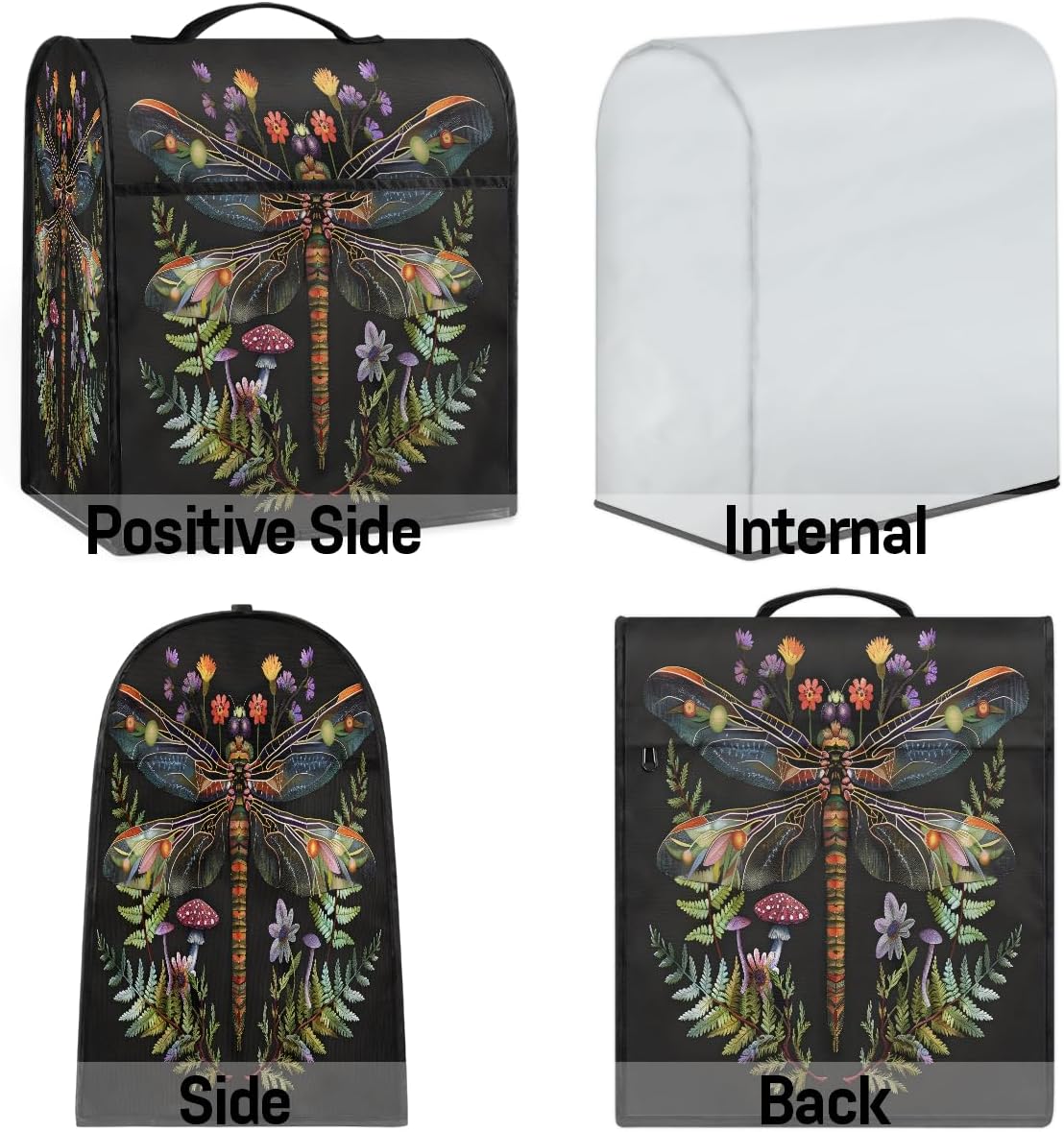 Color Dragonfly Flower Mushroom Kitchen Aid Mixer Cover Compatible with 6-8 Quarts Stand Mixer Dust Cover with Zipper Pocket Kitchen Aid Mixer Accessories Kitchen Appliance Organizer Bag