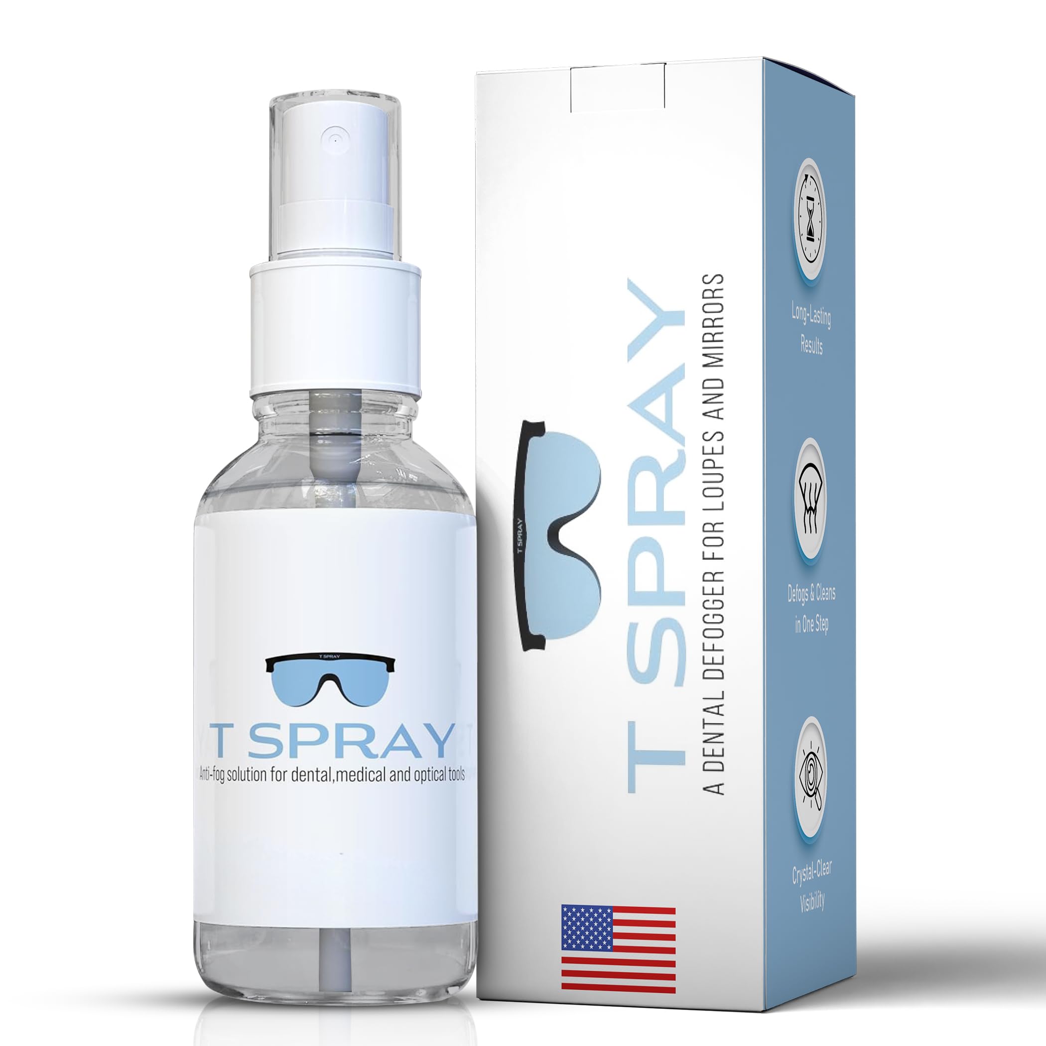 T-Spray Anti Fog Spray - Professional-Grade Anti-Fog Spray for Glasses, Dental Loupes, Hockey mask, Motorcycle Visor, Snorkel Mask, Swim Goggles - Reef-Safe and Eyeglasses Cleaner - Made in USA - 2oz