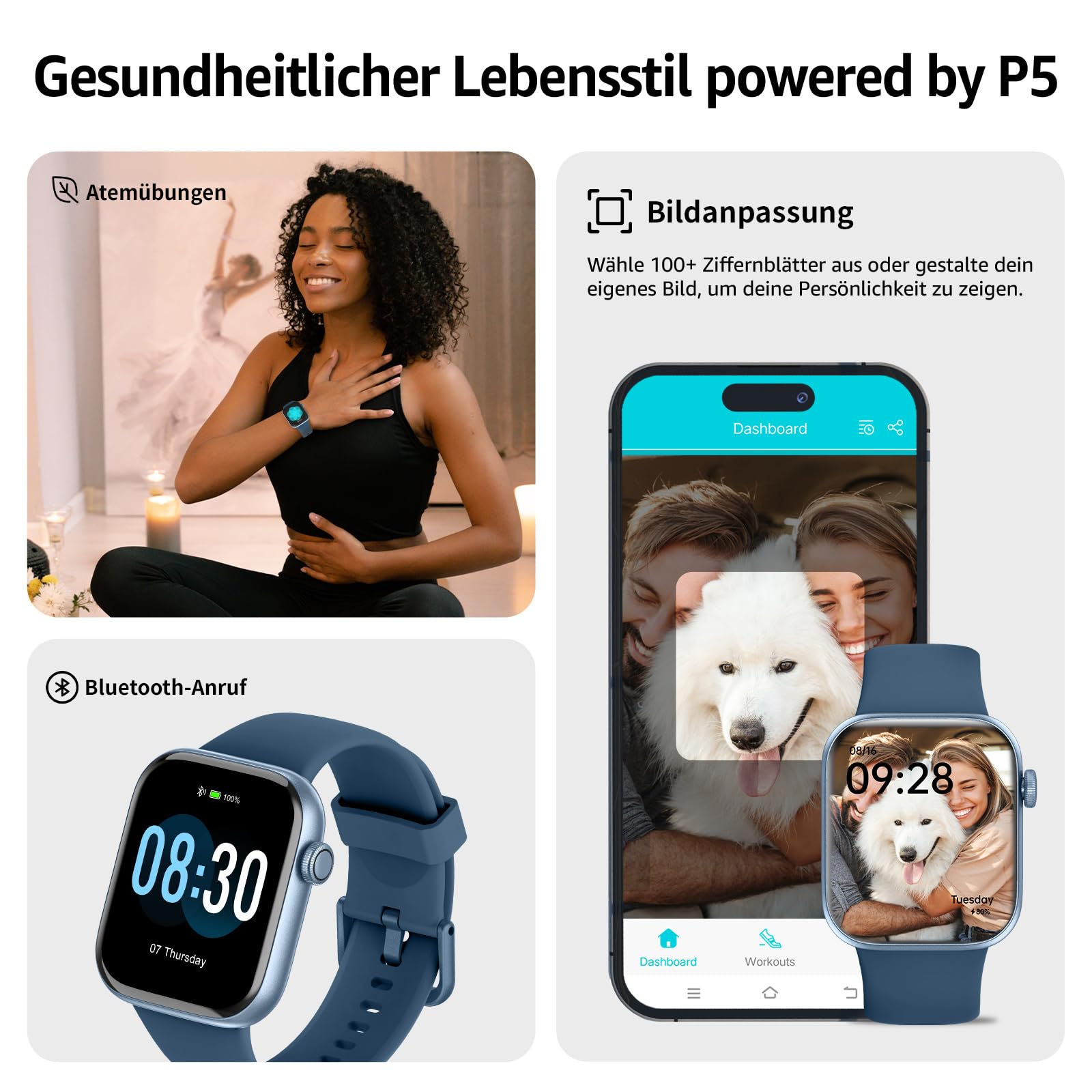 Smartwatch Damen Herren, 1,85" HD Touch Fitnessuhr mit Telefonfunktion, 140+Sportmodi Smart Watch Fitness Tracker mit Pulsmesser Schlafmonitor Schrittzähler, IP68 Wasserdicht Sportuhr für iOS Android