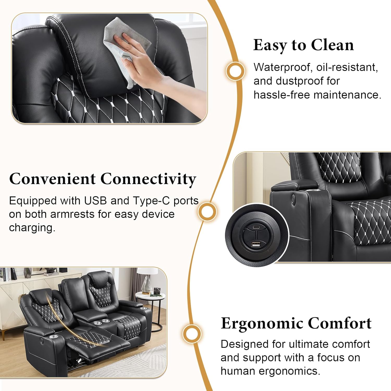 ANJ Reclining Loveseat,Power Recliner Sofa with USB Ports and Cup Holders - Overstuffed Electric Living Room Seating PU Leather Double Recliner with Hidden Arm Storage, Easy to Clean (Black)