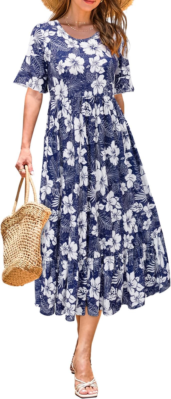 - Women's Summer 2026 Casual Short Sleeve Tiered Flowy Spring Dress Long Midi Beach Sundress Vacation Outfits
