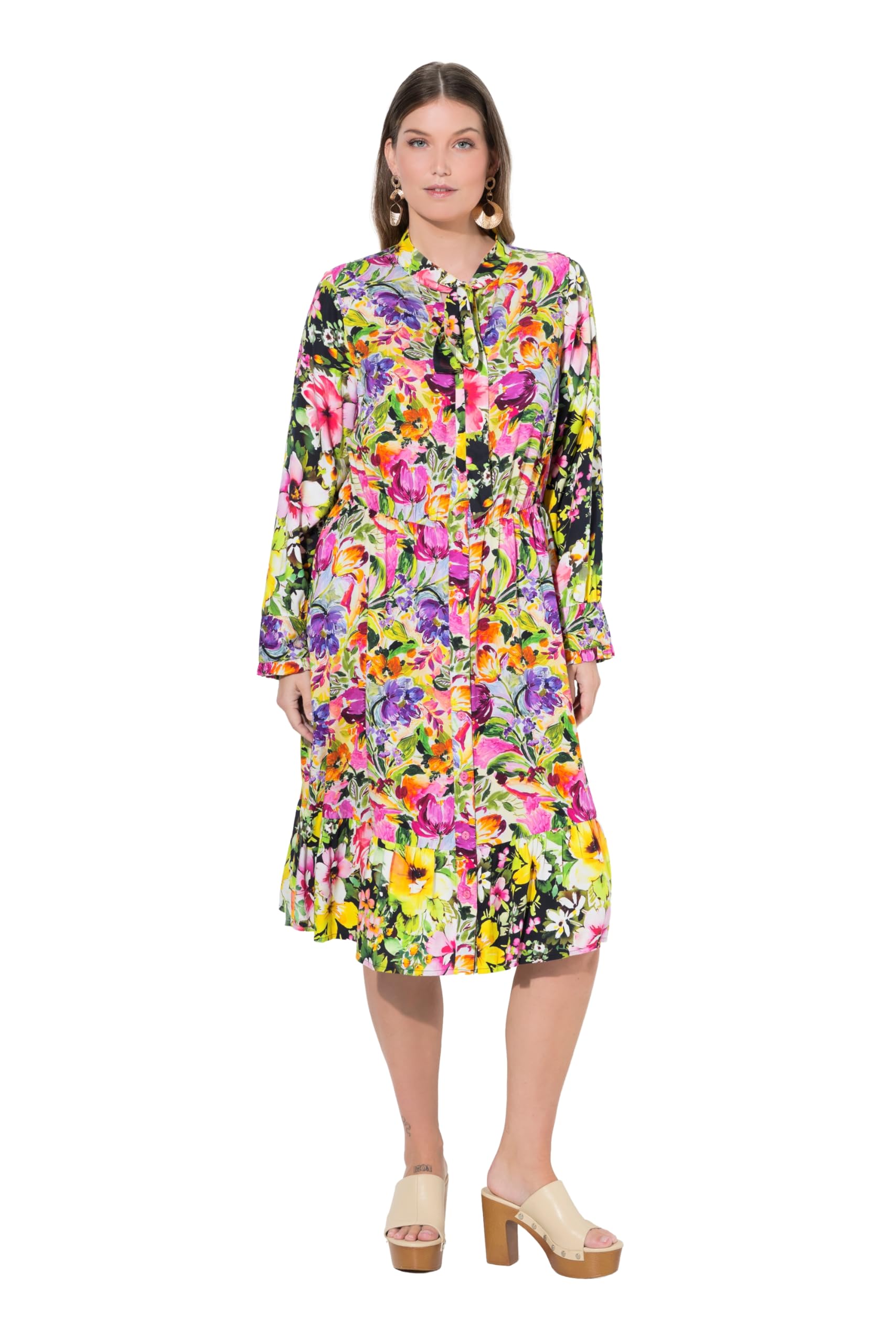 Ulla Popken Damen große Größen Übergrößen Plus Size Midikleid, Mustermix, A-Linie, V-Ausschnitt, Langarm 845512