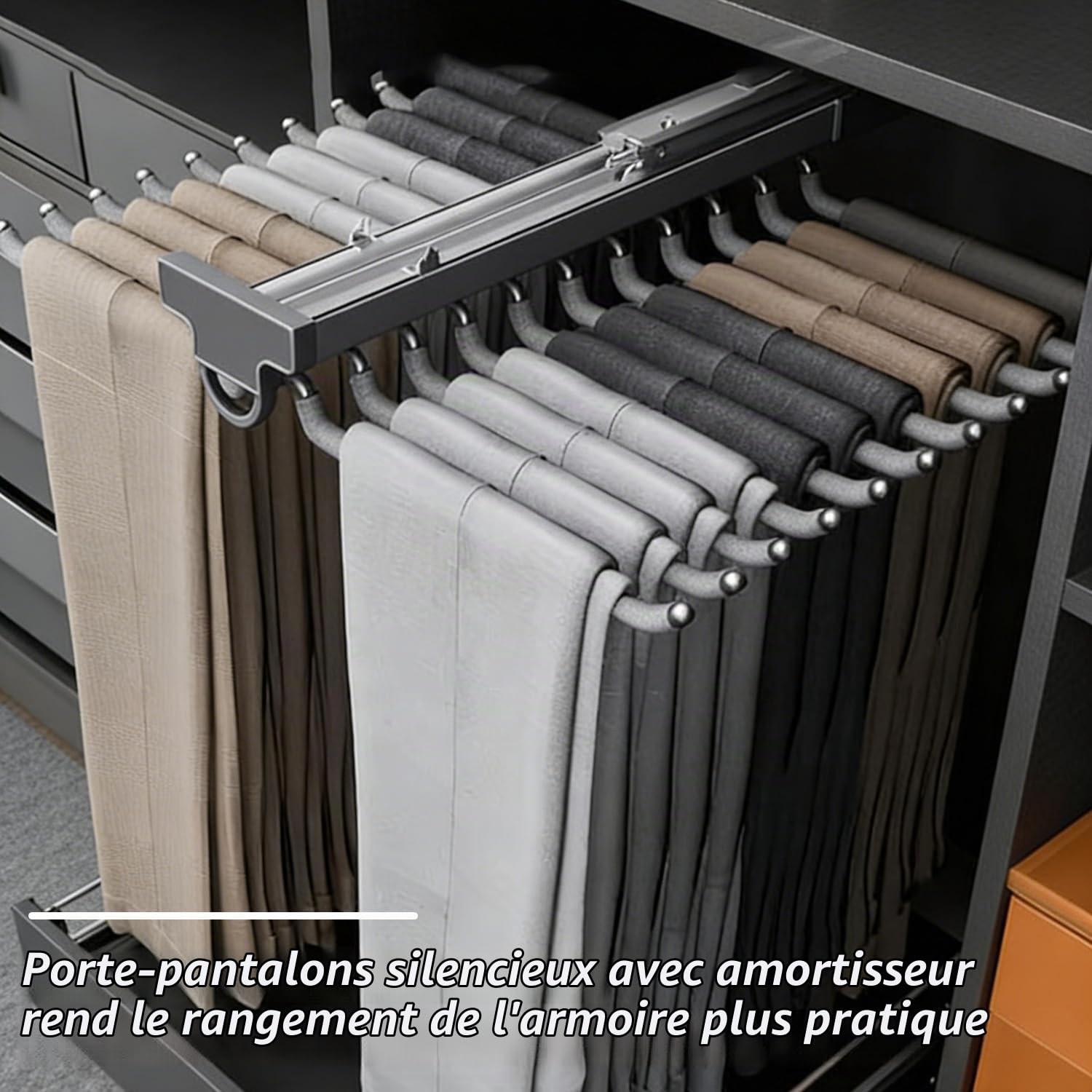 Porte Pantalon Coulissant, Multifonction Cintres de Pantalon, Organiseur de Placard de Pantalons avec Amortisseur avec Flocage, 22 Pantalons pour Armoire
