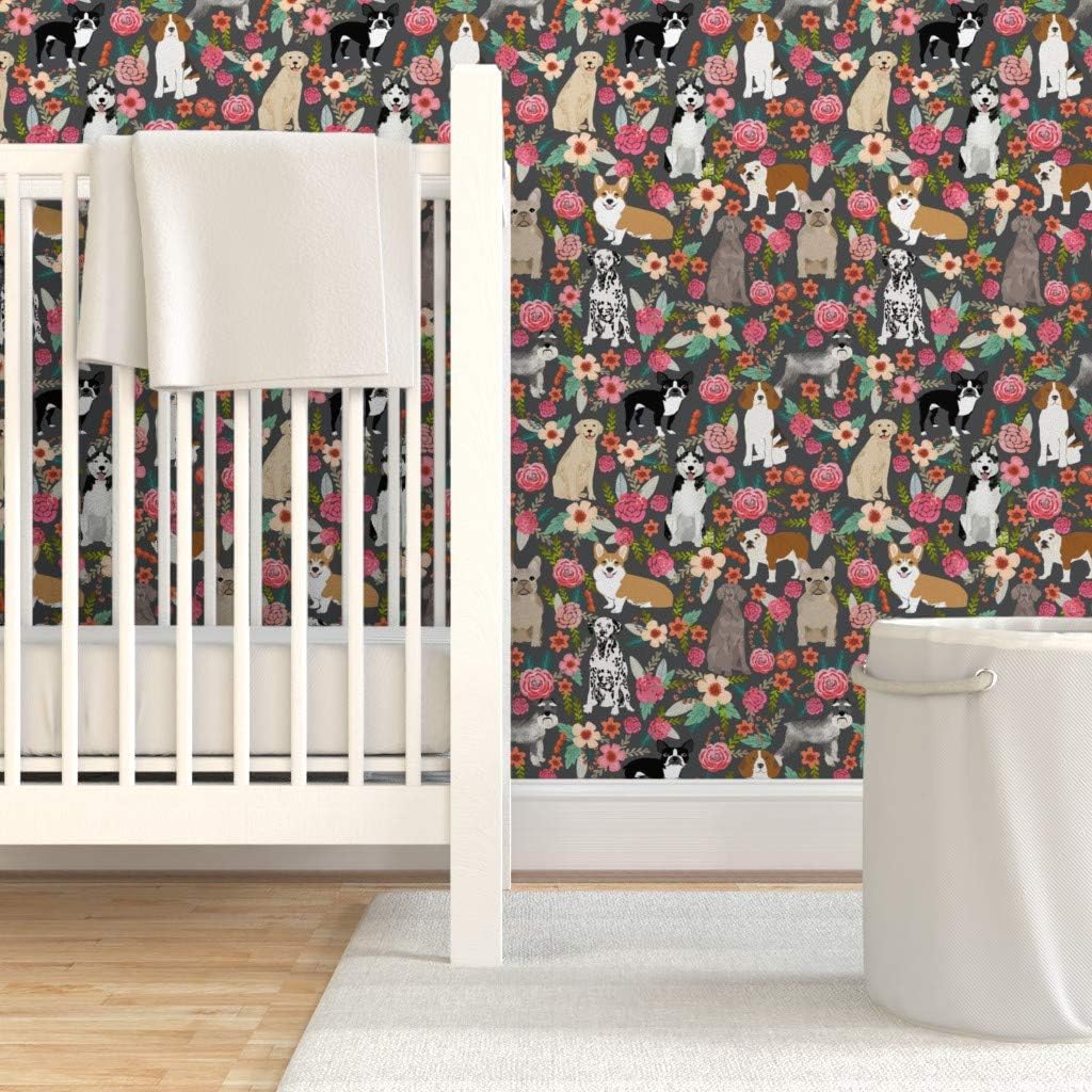 Peel & Stick Wallpaper 3ft x 2ft - Dogs Florals Pets Flowers Gray Pet Floral Portrait Custom Removable Wallpaper by Spoonflower