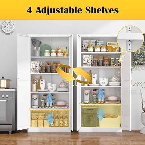 Miniatura 5 de Gabinete de despensa de cocina, gabinete de almacenamiento de metal blanco de 71" con puertas y 4 estantes ajustables, gabinete de cocina con 2