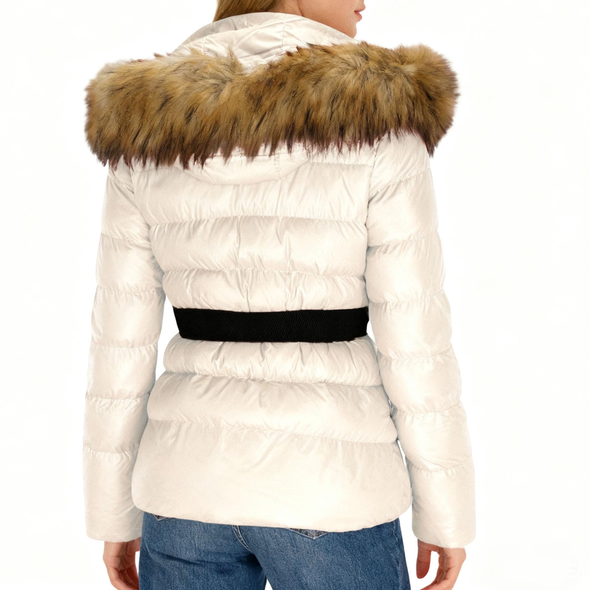 Chaqueta acolchada con capucha y cremallera para mujer, para exteriores, cálida, cuello de piel sintética, abrigo de invierno a la moda, ajuste delgado, ropa de abrigo corta