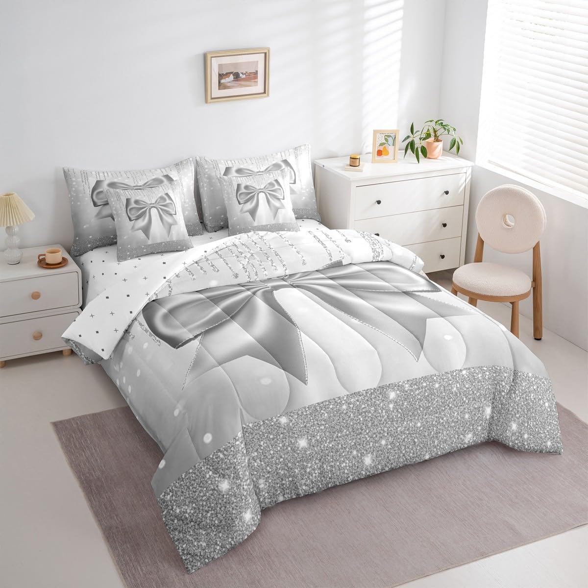 Feelyou Bowknot Comforter Set King Size 7 Pieces Dreamy Princess Bedding Set for Kids Boys Girls Glitter Bed in a Bag with Comforter, Sheets, Pillowcases, Cushion Covers Cute Bow Quilted Soft