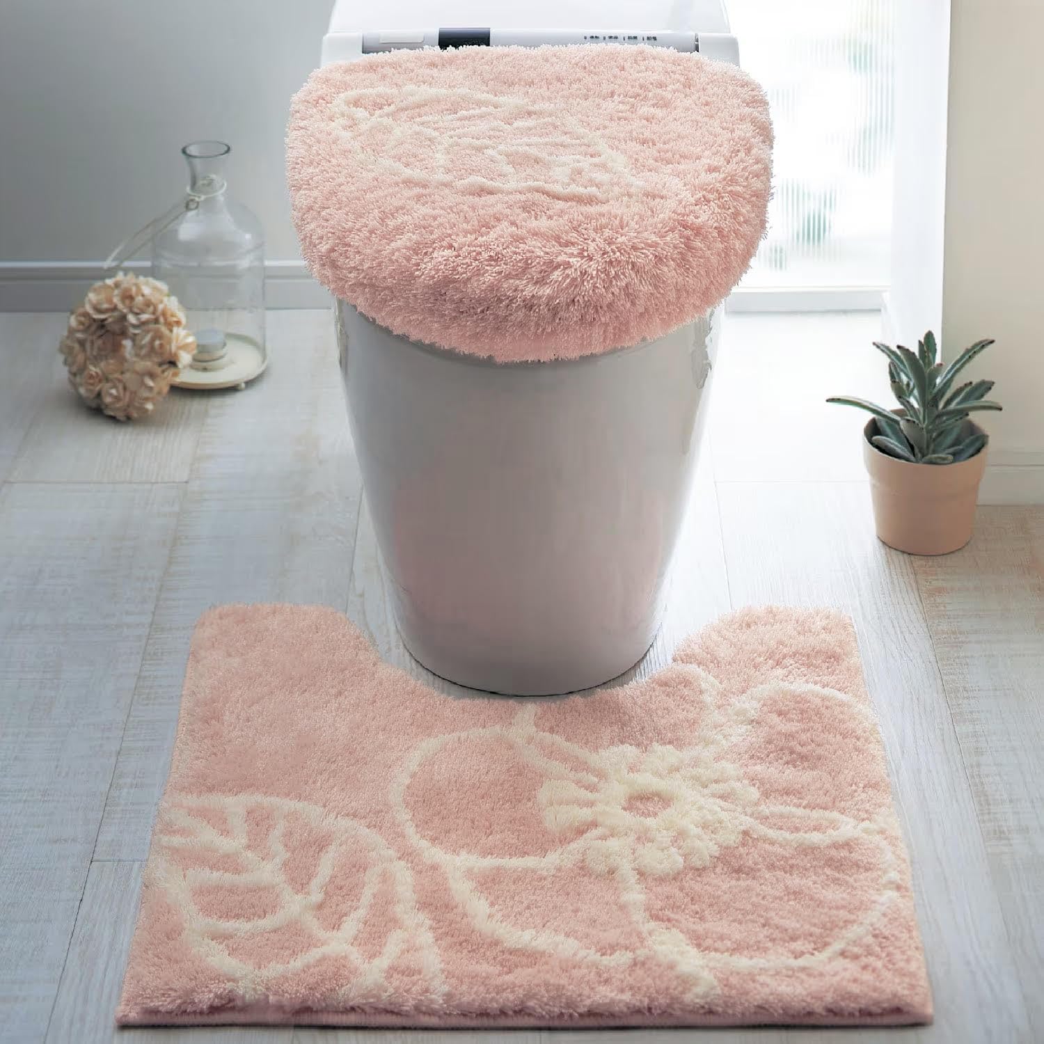 [ベルメゾン] トイレマット フタカバー 2点 セット ふんわり シャギー トイレファブリック ピンク（フラワー） 標準マット＆O・Uフタセット