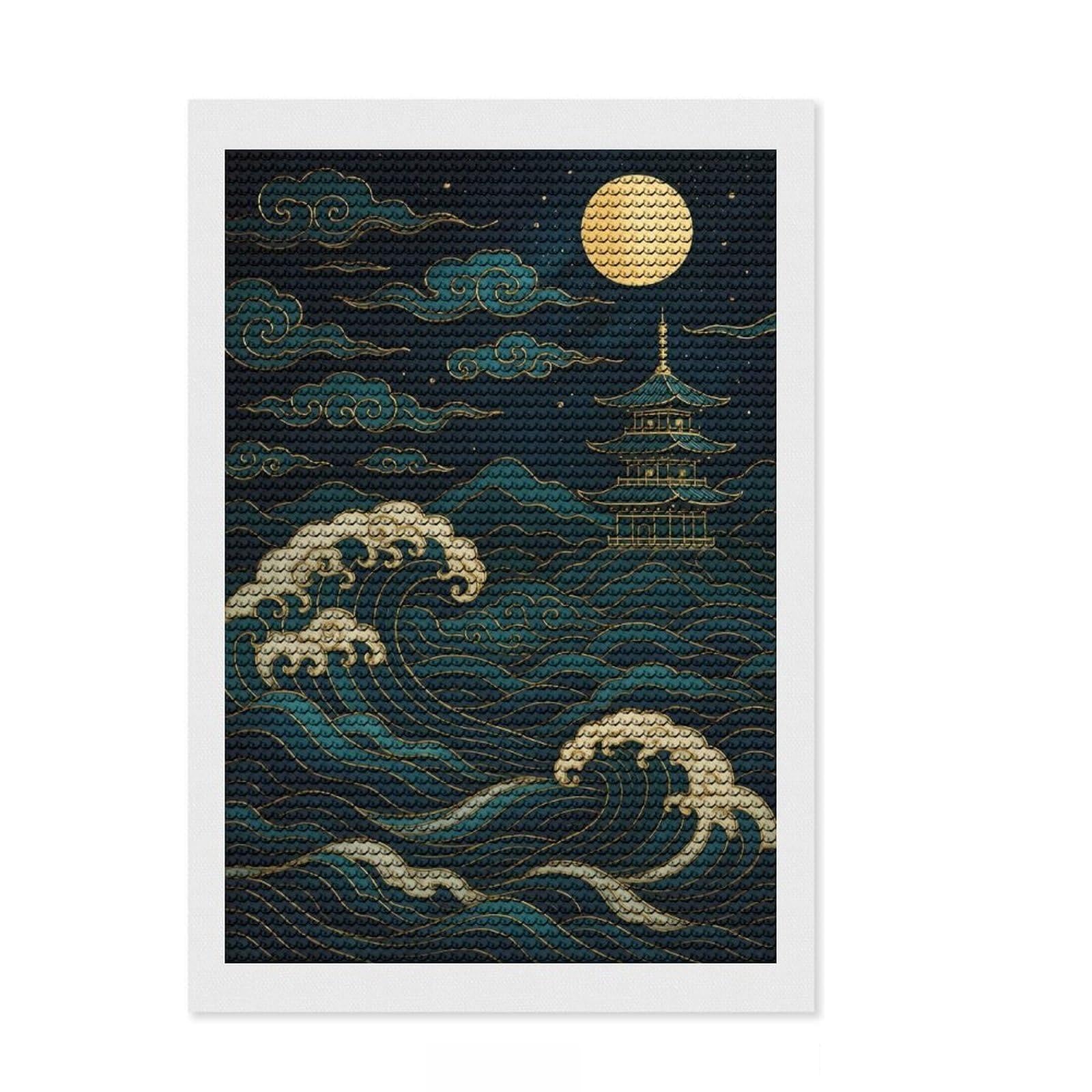 Junmoney Japanese Pagoda, Waves, and Moon Art Diamond Painting Set 8"x12", Adhesive Canvas, Finish and Display, Office Decor, Birthday Gift, Sparkling Round Gems