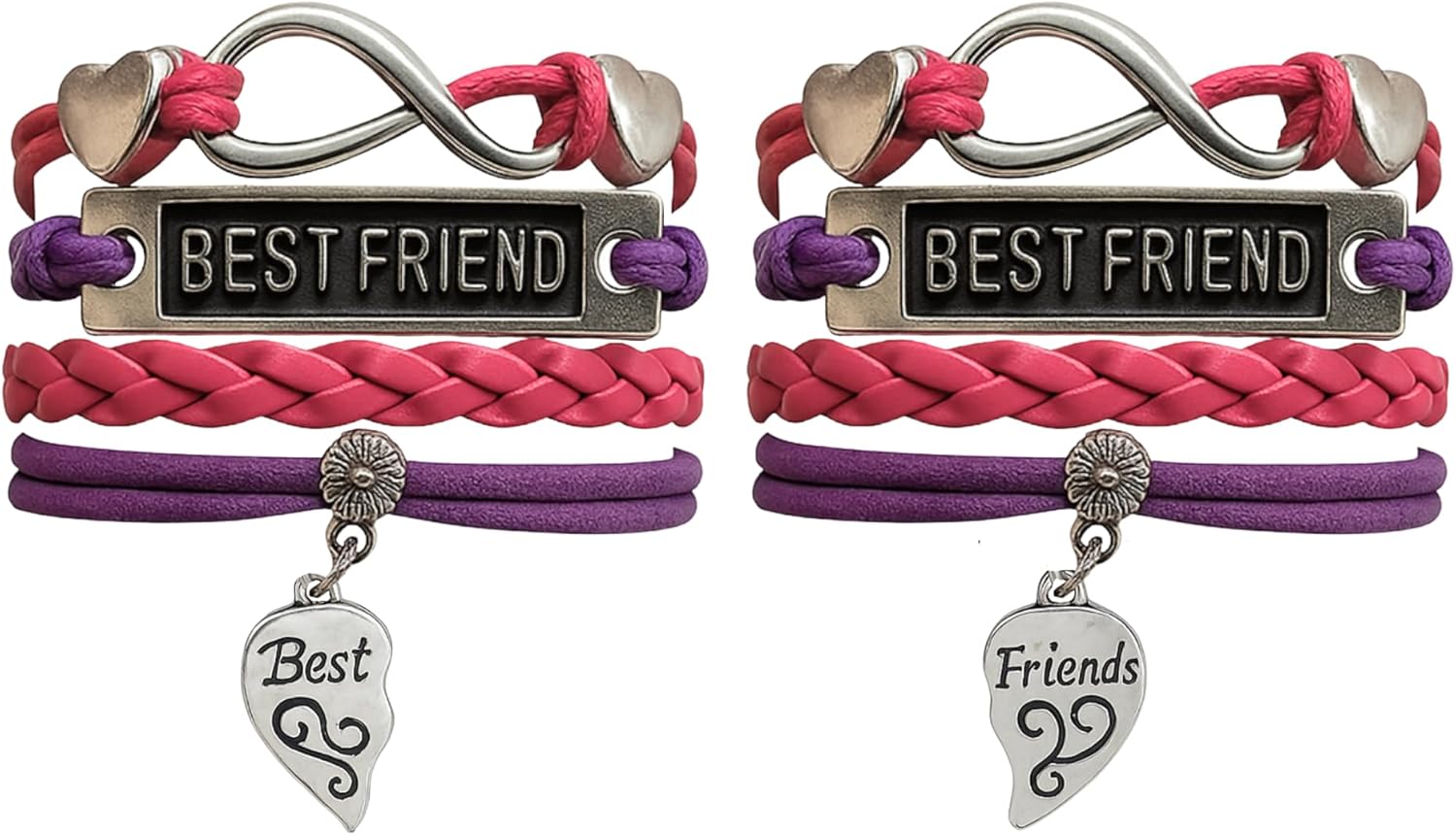 Best Friend Bracelet Set – Pink and Purple Infinity Design with Adjustable Clasp and Silver-Tone Charms – Fits 5" to 8" Wrist – 2 Matching BFF Bracelets