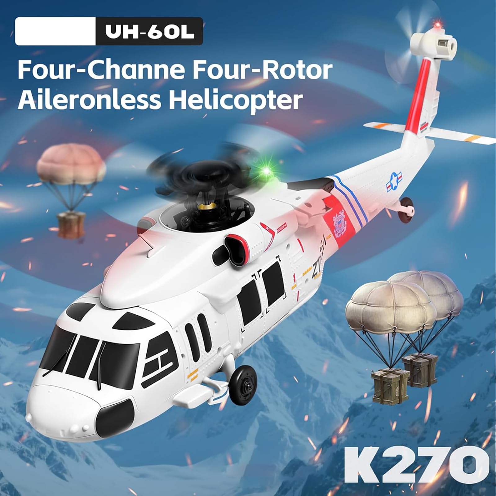 Genérico Helicóptero a Escala K270 UH-60L 2.4G 4CH Clase 170 de 4 rotores con Control Remoto de Mantenimiento altitud barométrica, posicionamiento por Flujo óptico y Acelerador Ajustable,3 Batteries