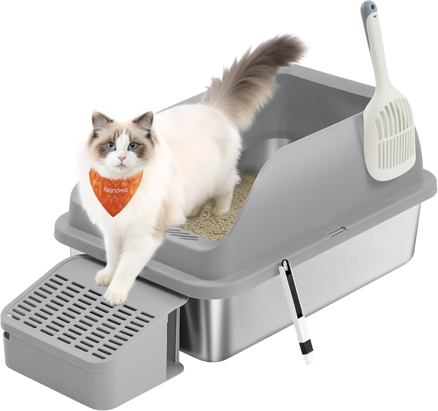 Feandrea Stainless Steel Cat Litter Box with Open Top, High Sided Litter Tray with Step, Scoop, Brush, for Cats up to 33 lb, Slate Gray UPPT008GN01