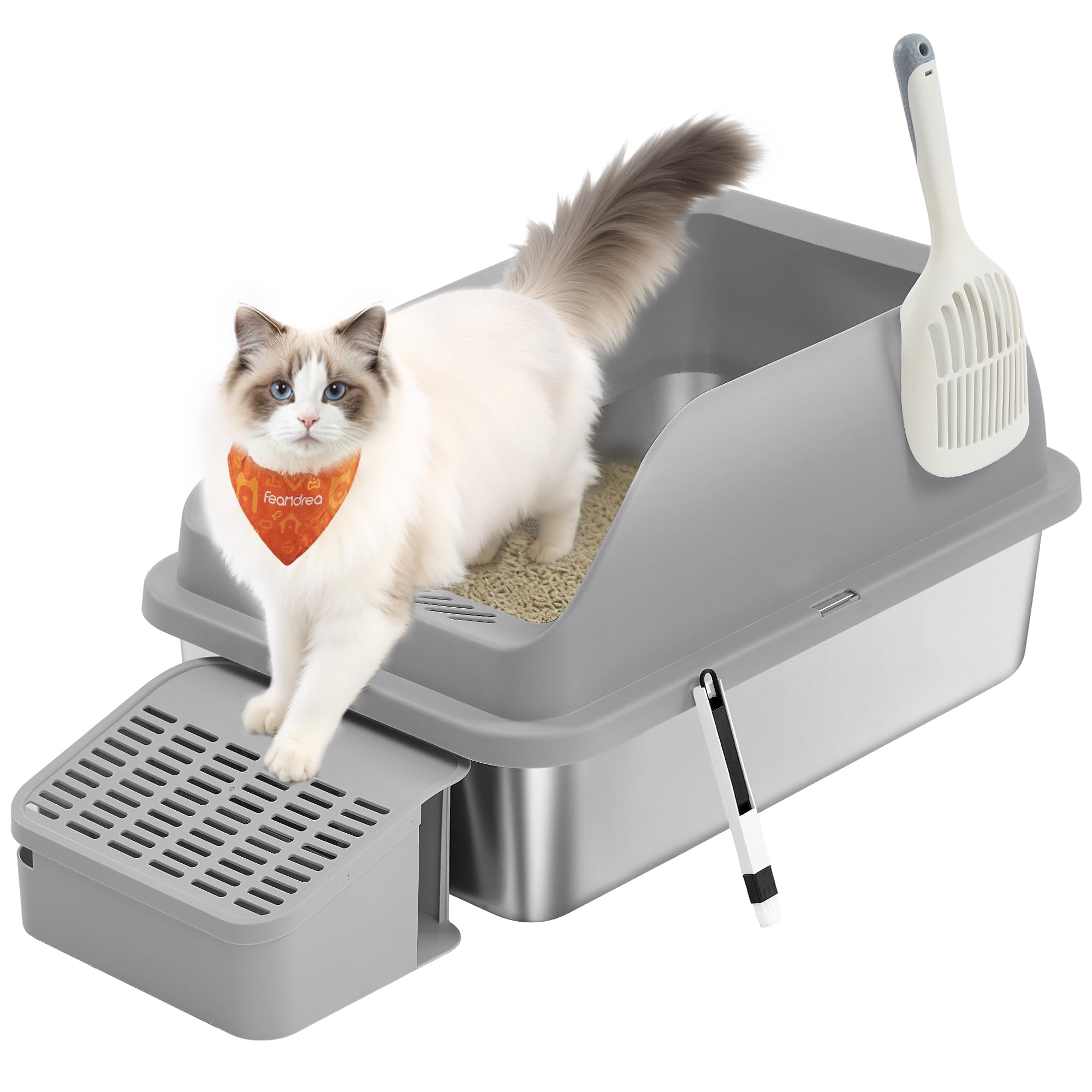Feandrea Stainless Steel Cat Litter Box with Open Top, High Sided Litter Tray with Step, Scoop, Brush, for Cats up to 33 lb, Slate Gray UPPT008GN01