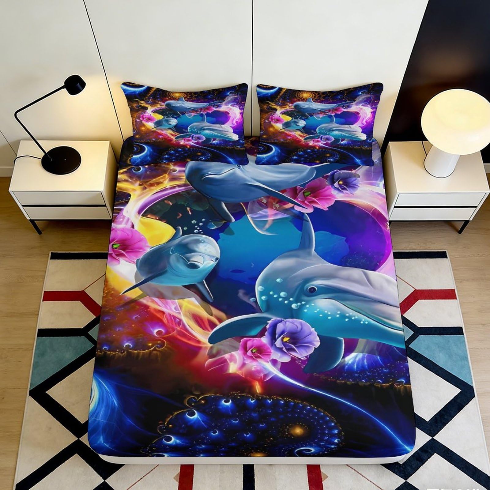 3D Printed Dolphin Ocean Fitted Sheet Microfiber Soft Colorful Underwater Bed Cover for Bedroom Guest Room Decor 140x200x25cm