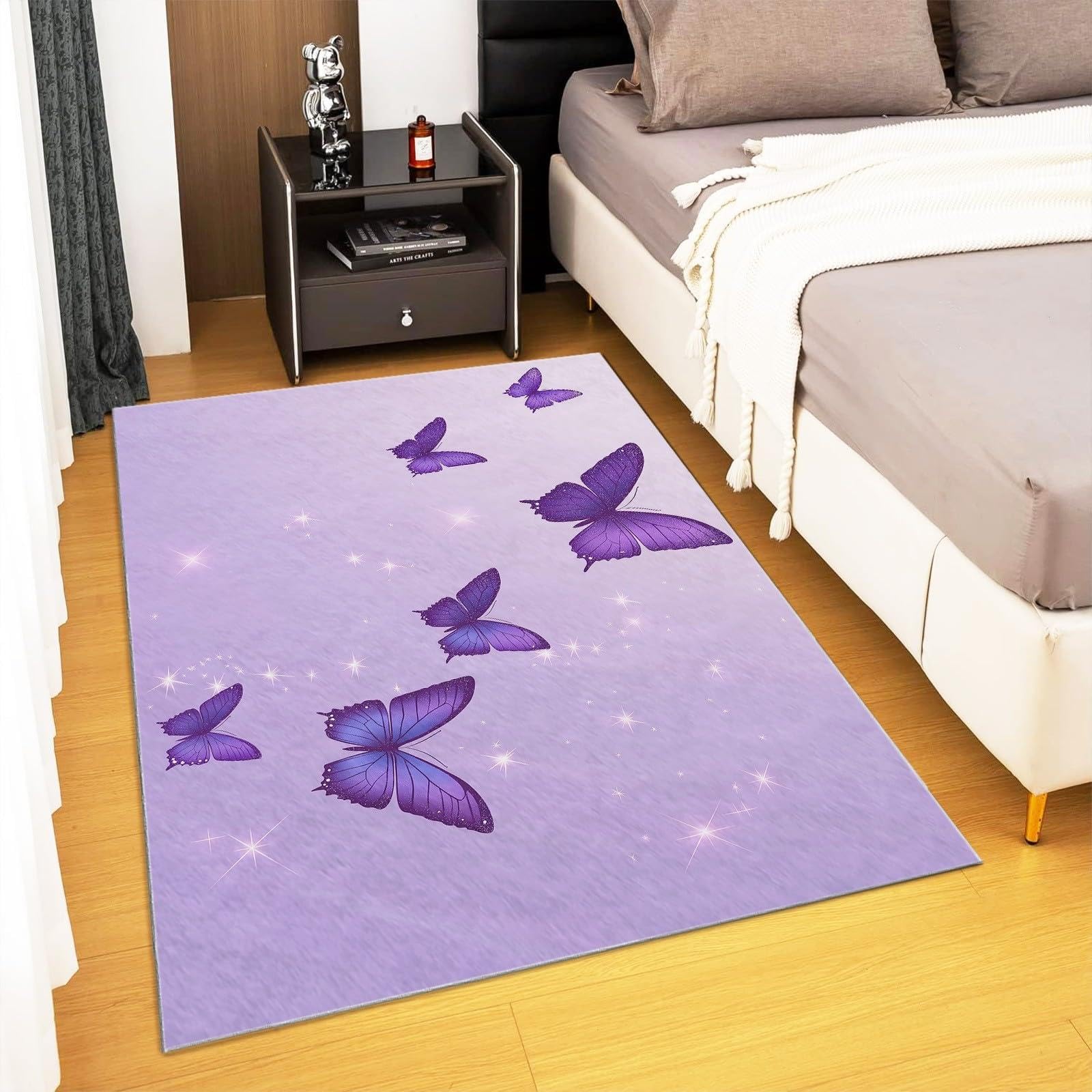 Alfombra Antideslizante Mariposa Morada Alfombra Habitación Infantil, Moderna Alfombra Lavable, Suave Alfombras de Pelo Corto para Salón, Dormitorio de Niña 100 x 200 cm