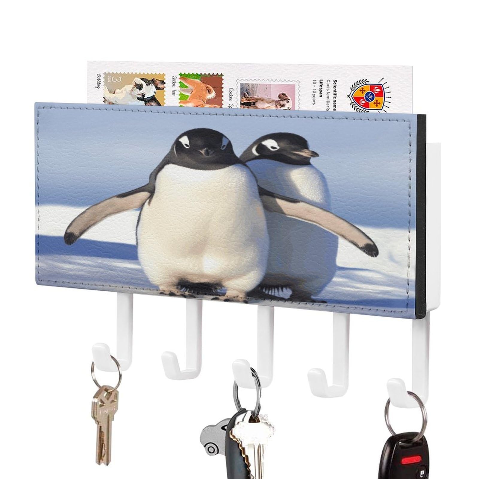 Fekiloot White-Style Cute Penguin Key Holder Wall Mount Key And Mail Holder Key Hanger With 5 Hooks Decorative Pu Key Rack Hanging Key Hooks For Wall Living Room Kitchen Bathroom Hallway