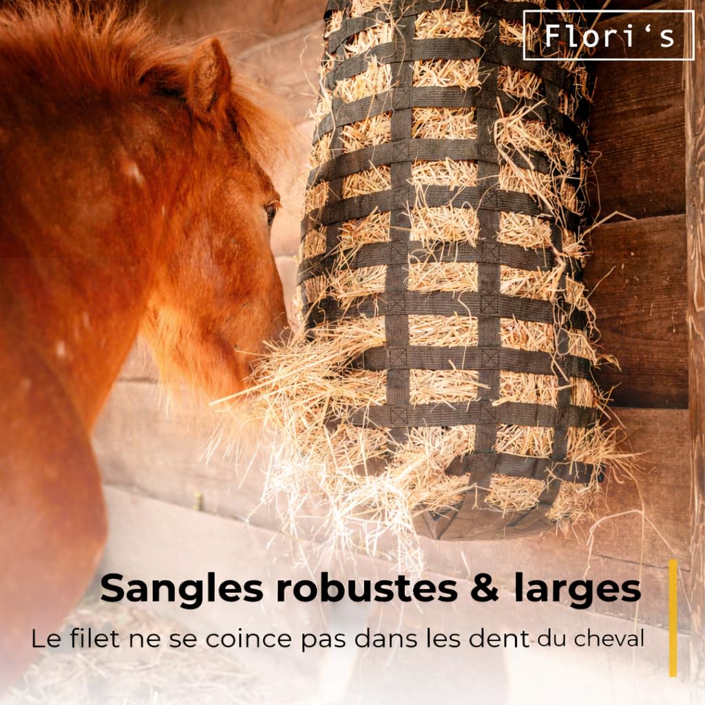 Flori's Filet à foin pour chevaux à mailles serrées - Sac à foin de qualité supérieure pour chevaux à l'alimentation adaptée à l'espèce - 90 x 60 cm - Capacité : jusqu'à 3 kg - Râteau à foin - Jouet