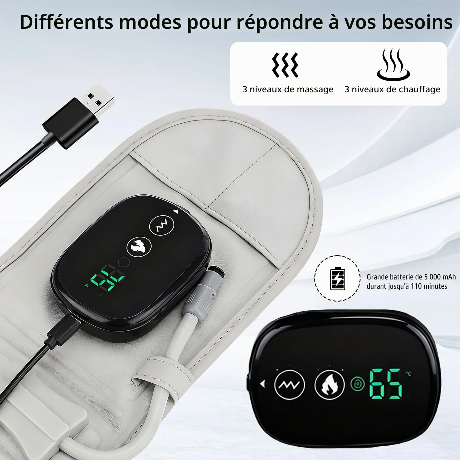 Ceinture de massage de compression avec chaleur rouge - Ceinture de soins du dos 3 en 1 avec traction lombaire gonflable, 3 modes de chauffage et de massage, pour réduire la pression et soulager les