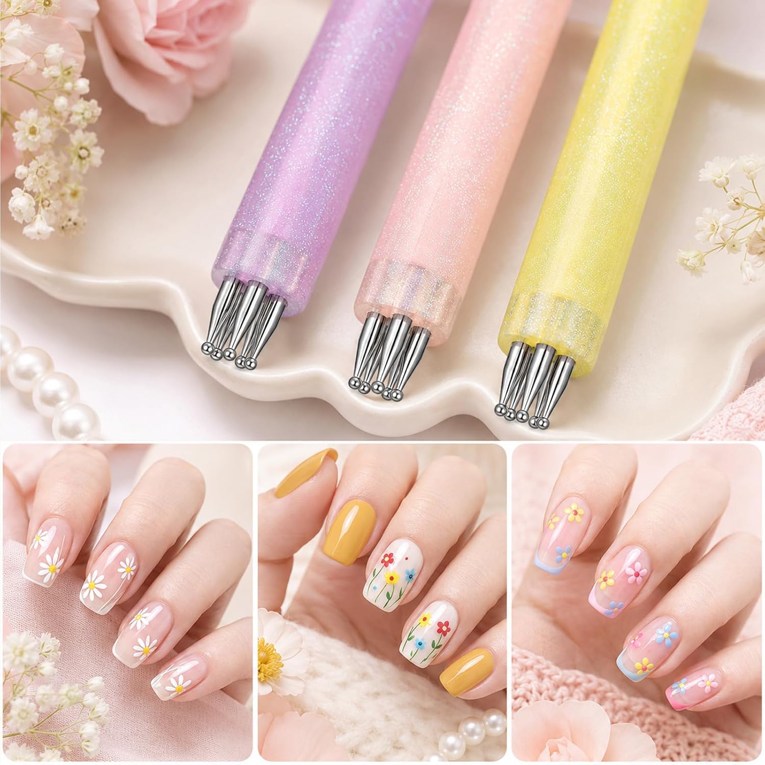 3PCS Nail Dotting Pen, 1.8mm Tip 5 Petal Flower Dotting Tool