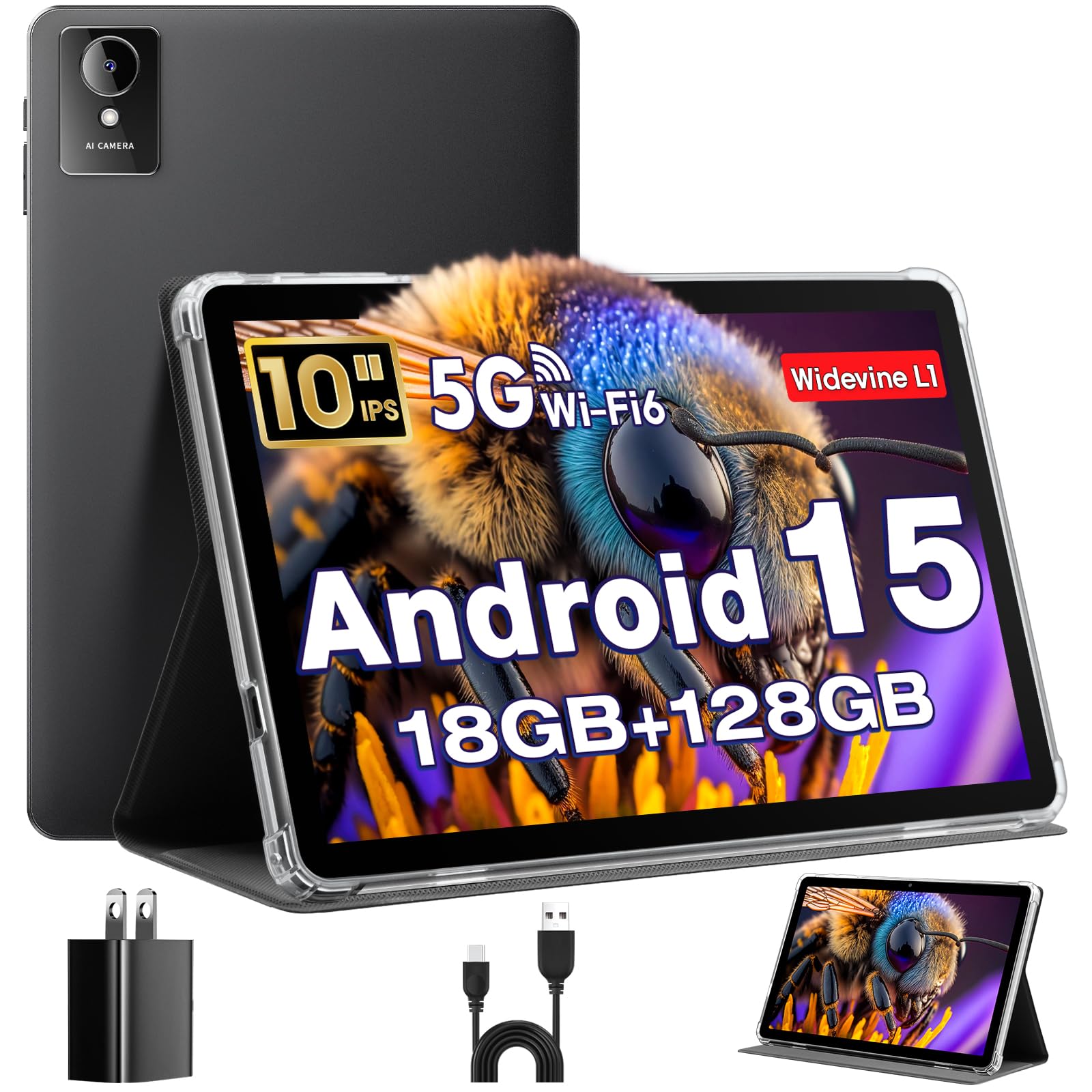 Tablet 10 Pollici, Tablet Android 15 con Custodia, Mouse & Tastiera, Octa-Core, 24GB RAM+128GB ROM+1TB Espandibile, Display IPS HD 1280*800, WiFi 5G, Doppia Fotocamera, 6000mAh, Widevine L1 (K50)
