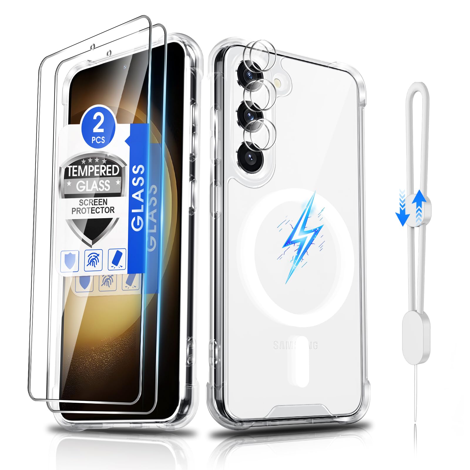 Dizn for Samsung Galaxy S23 Plus Phone Crystal Case: (Not Fit S23/S23 FE),with 2Tempered Glass &amp; 2 Camera Lens Protector,Strap,[Antil-Yellow],Compatible with Magsafe,Shockproof Magnetic Case 23+,Clear