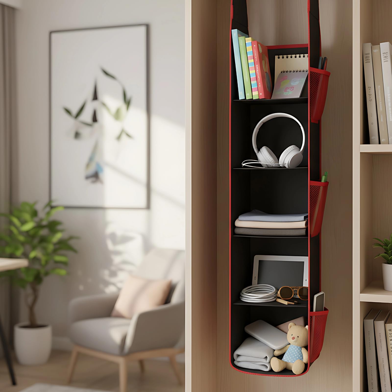 Organizer regolabile da appendere, in tessuto Oxford, con 3 ripiani, per libri e articoli vari, 90 x 22 cm, nero e rosso