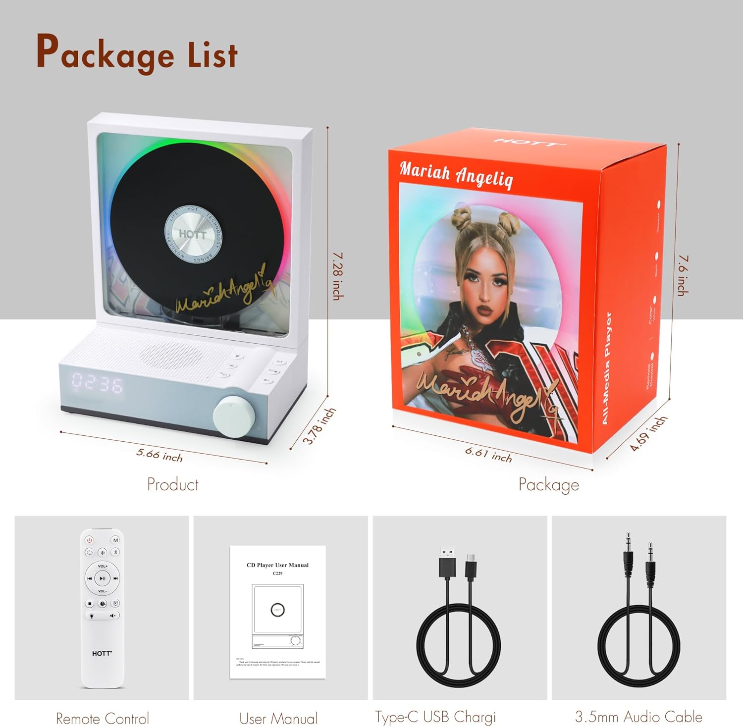 HOTT Portable CD Player,Retro Bluetooth 5.3 CD Players for Home,Music Player with HiFi Speaker,4000mAh Recheageable/Remote Contro/RGB Night Light/Sleep Timer/U Disk/Micro SD/AUX (White-A)