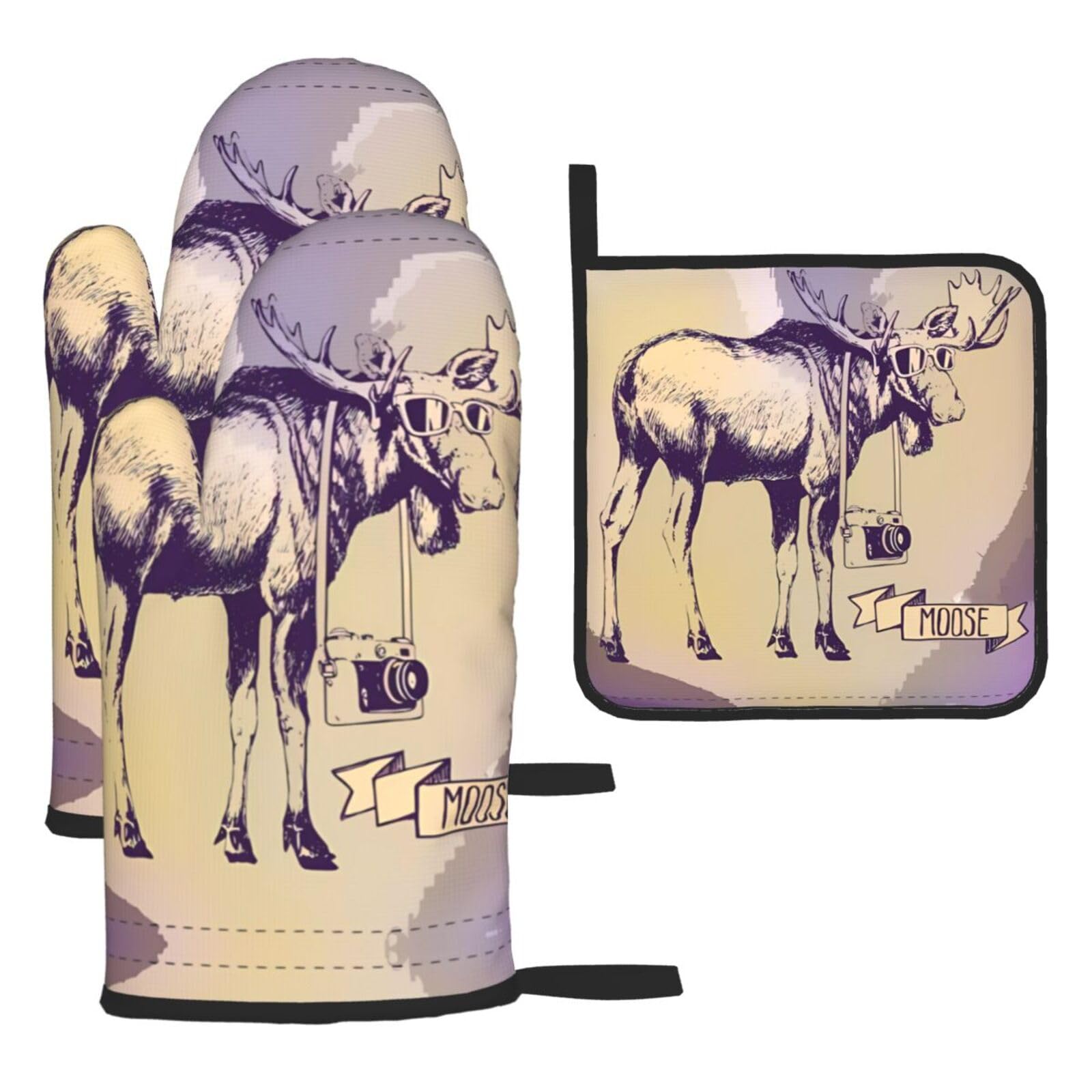 Cool Moose 3 Piece Kitchen Oven Mitt Set Heat Resistant Gloves with Pot Holder Mat Polyester Printed for Cooking Baking BBQ Grill
