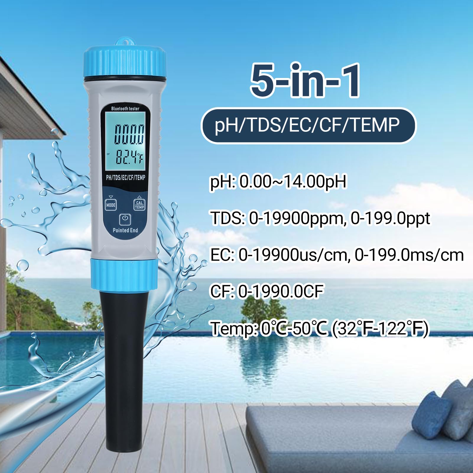 PHmetro 5 in 1 con | Kit per Analisi dell'acqua Ad Alta Precisione | Misura PH, TDS, EC, CF, Temp | Ideale per Casa, Coltura, Laboratori, Acquari - Completo di Manuale Utente
