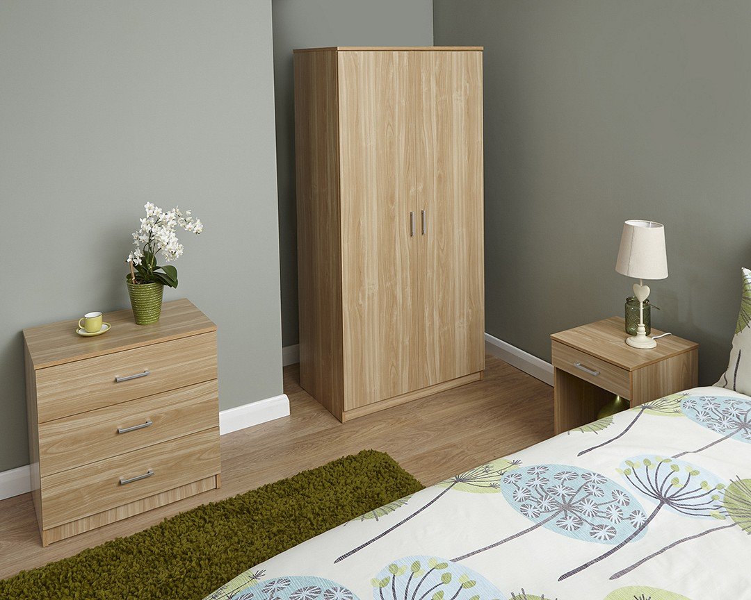 GB FurniturePANAMA RANGE 3 PIECE SET 2 DOOR WARDROBE BEDSIDE TABLE DESK DRAWER CHEST BEDROOM (Oak)