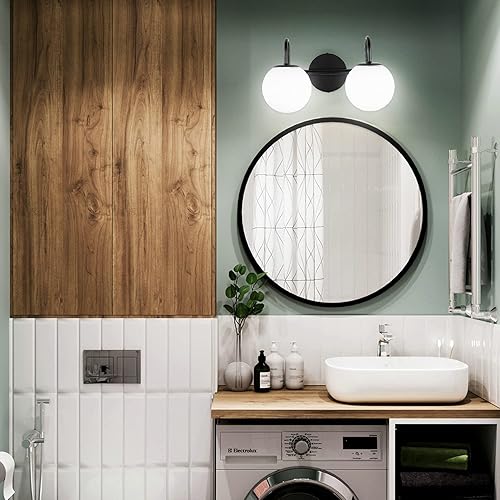 Miniatura 2 de Luces de tocador modernas de mediados de siglo para baño, marco de metal negro y globo de vidrio esmerilado blanco leche, 2 luces, aplique de pared,