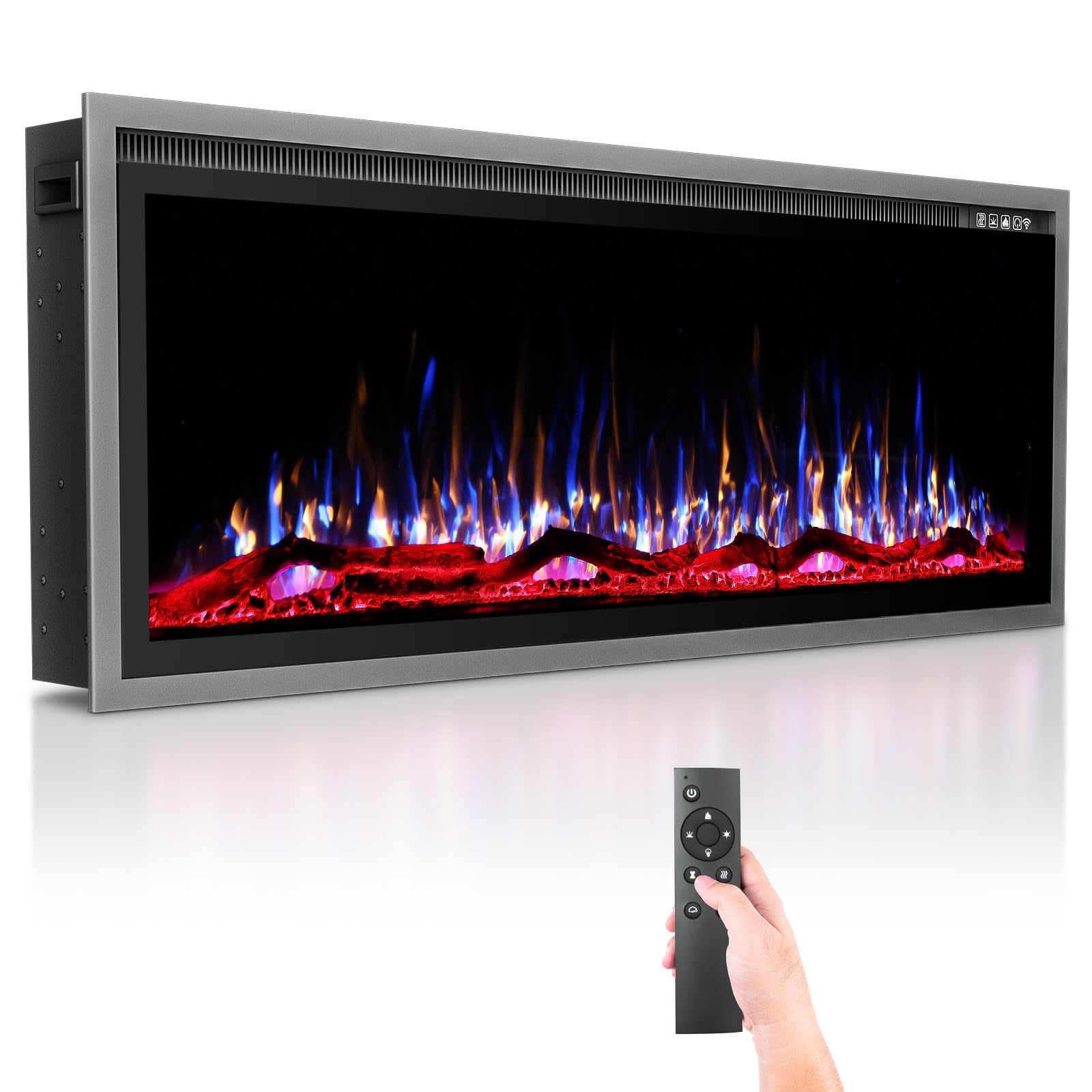Kucreiheat 50 inch Electric Fireplace Inserts/Wall Mounted, Ultra Narrow Frame Fireplace-Wall Fireplace Electric w/Remote Control, Thermostat, Timer, 750w/1500w (Log & Crystal Included)