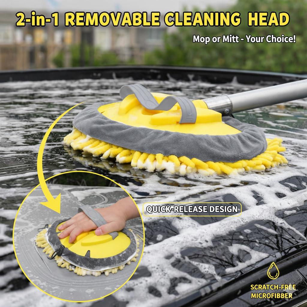 Kit de escobilla de cepillo de lavado de coche de 144 pulgadas con cubo plegable, poste telescópico, contenedor de agua plegable, impermeable, manopla, esponja, toalla súper absorbente, cerdas