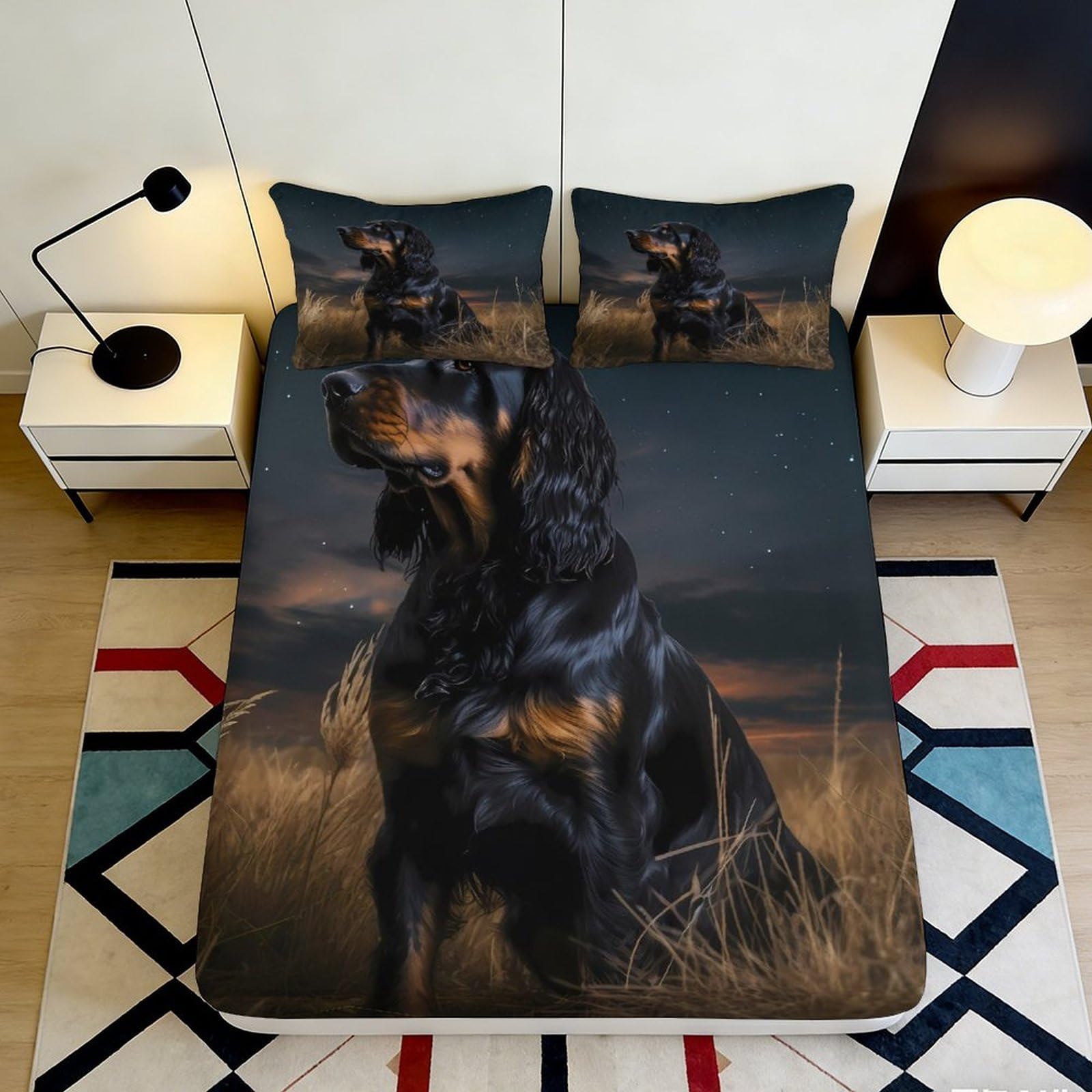 3D Printed Black Dog in Wheat Field Fitted Sheet Microfiber Mattress Cover for Bedroom Guest Room Easy Care 200x200x25cm