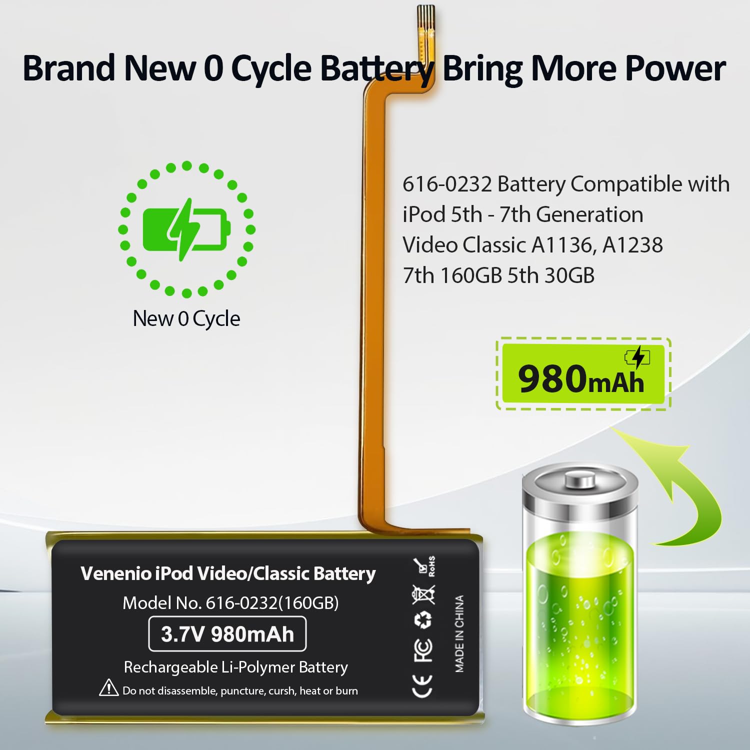 616-0232 for iPod Battery 980mAh, High Capacity Replacement Battery Compatible with iPod 5th - 7th Generation Video Classic A1136, A1238 7th 160GB 5th 30GB with Repair Tool Kit