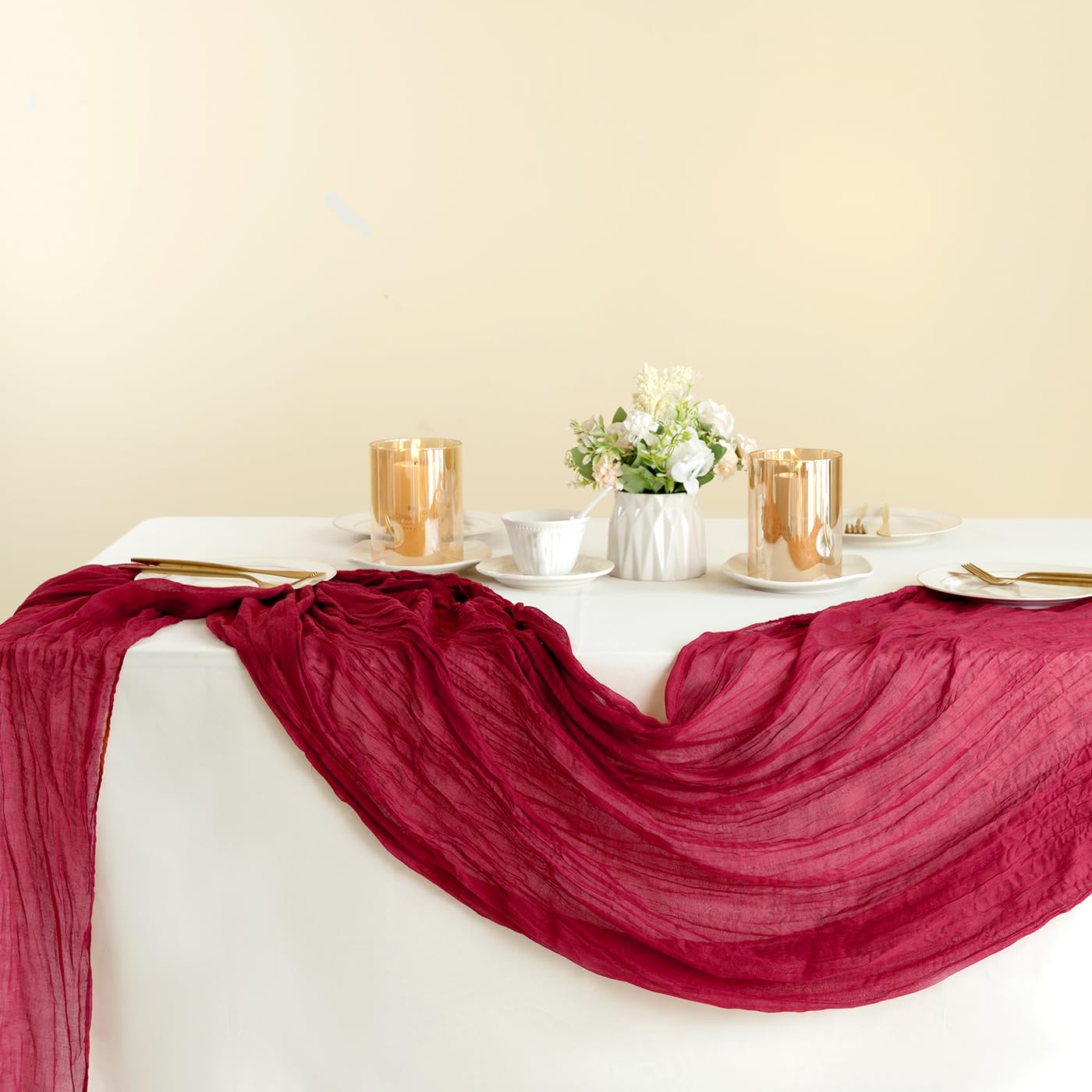 Paquete de 10 caminos de mesa de gasa de 10 pies, estilo bohemio, romántico, camino de mesa para boda, novia, fiesta de otoño, decoración de mesa (borgoña)