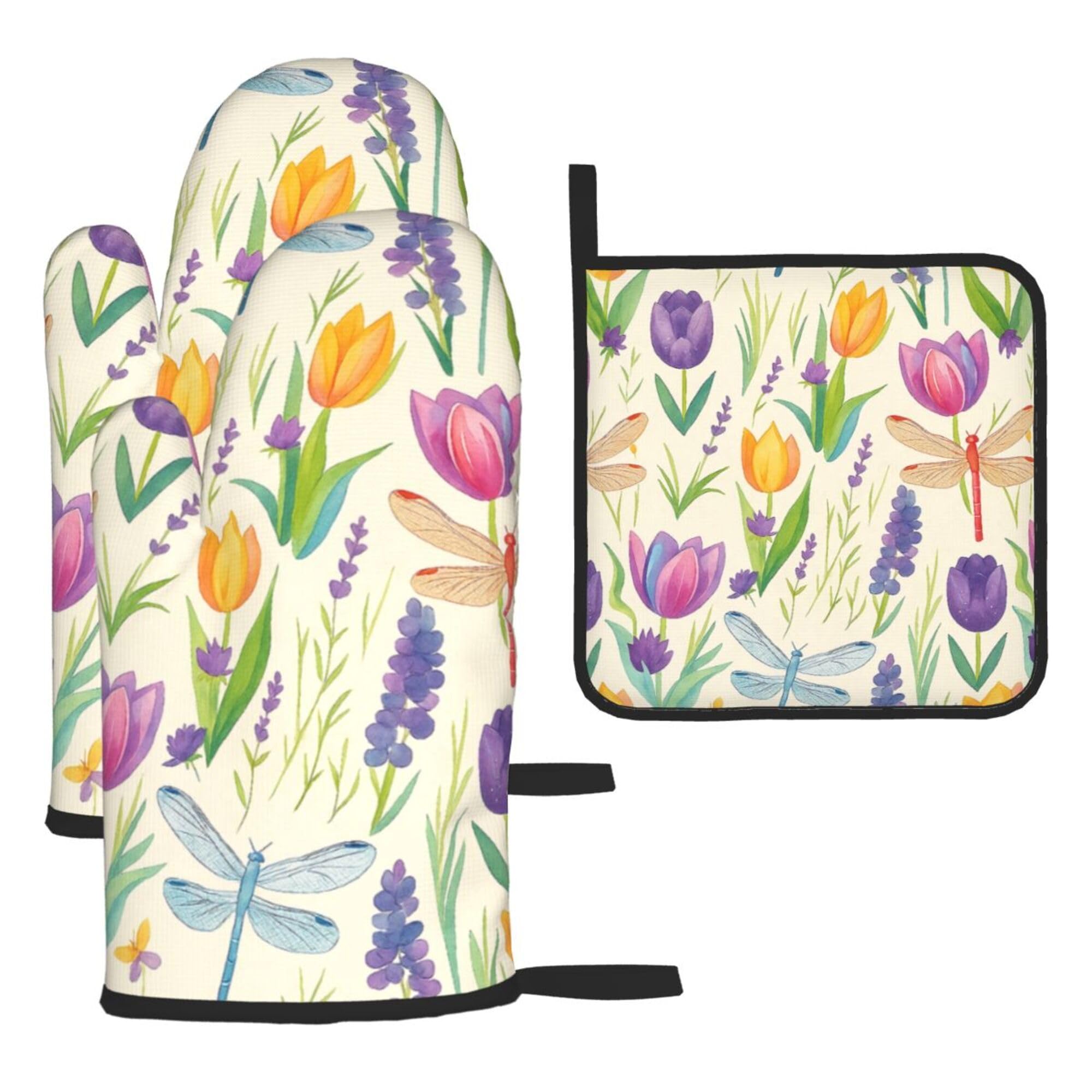 Dragonfly & Tulip Oven Mitts and Pot Holders 3pcs Set Heat Resistant Kitchen Gloves