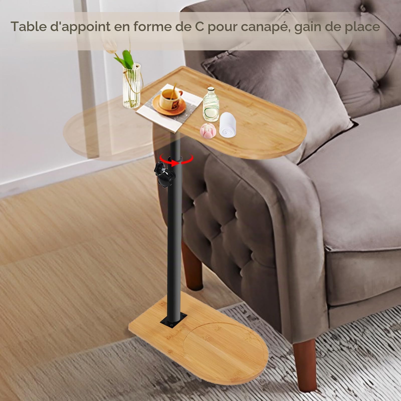 Table d'Appoint en Forme de C Réglable en Hauteur Petite Table Basse Latérale en Bambou et Métal Bout De Canape pour Salon, Salle de Bain, Lit, Canapé et Café (Style 2)