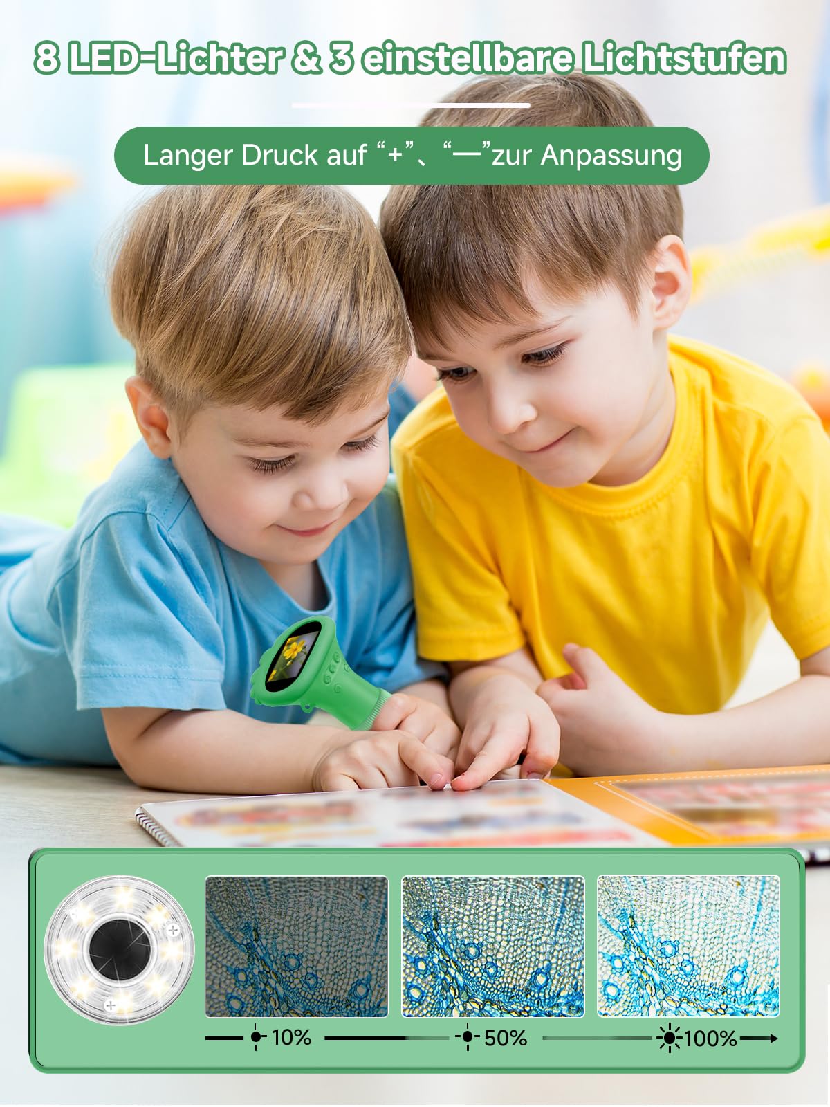Acoath Mikroskop für Kinder, Digitales Taschenmikroskop mit 2,0" IPS-Bildschirm Lupe 200x Vergrößerung, 8 LED Lights Handy Kindermikroskop für Garten Spielzeug - Grün