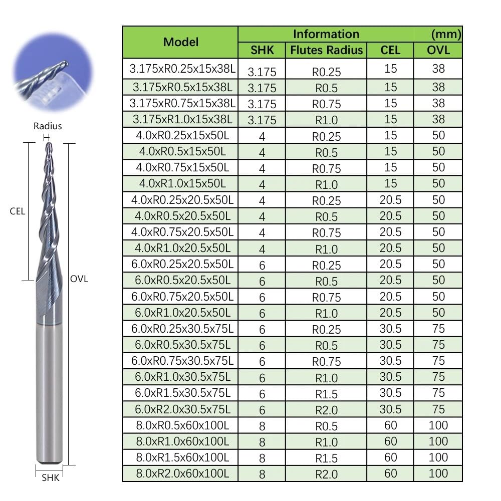 3.175mm 4mm 6mm 8mm Shank Tungsten End Mill Ball Nose Tapered End Mills Router Bits CNC Taper Wood Metal Milling Cutter(8.0xR1.0x60x100L)