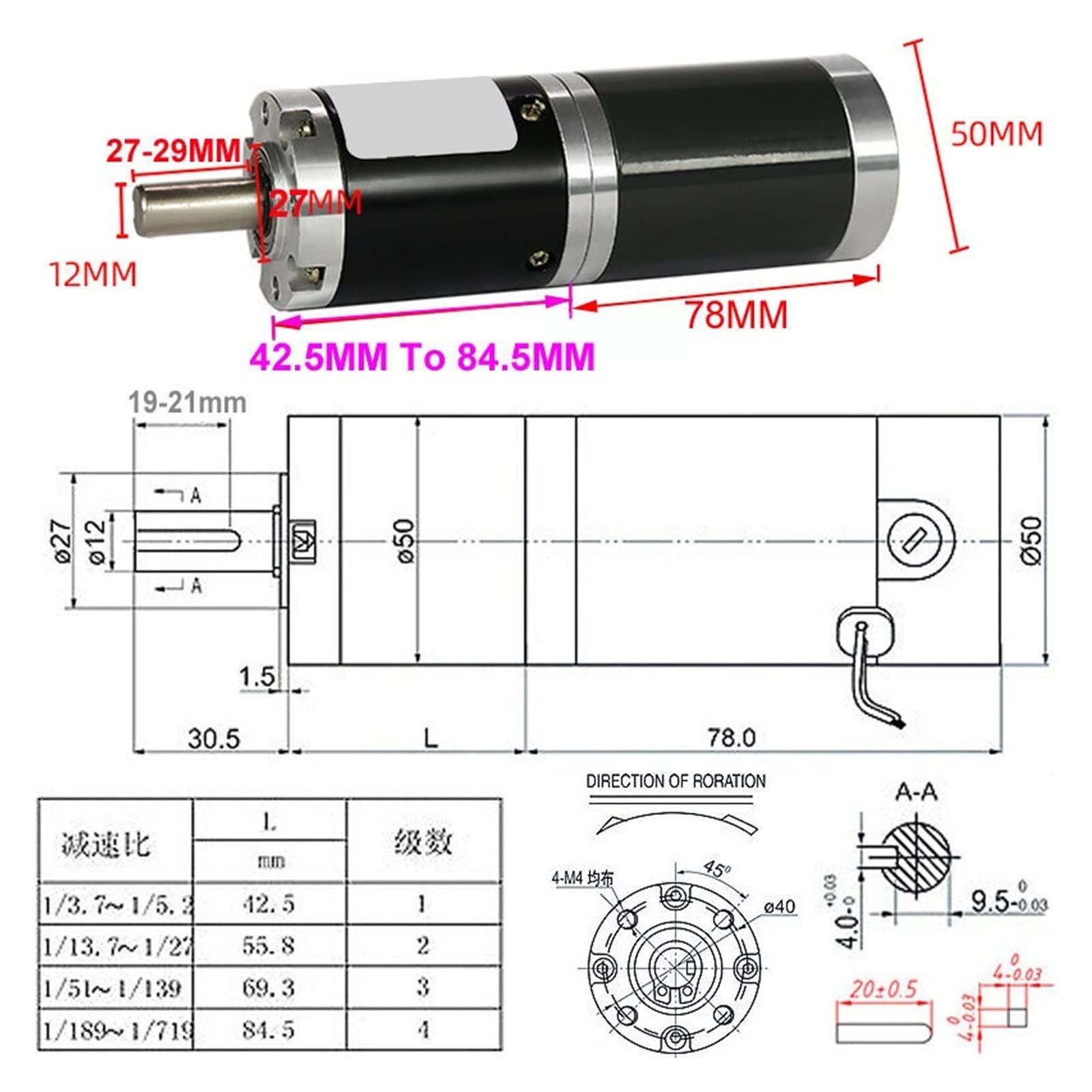 Motor mit einstellbarer Geschwindigkeit 24-V-Planeten-DC-Getriebemotor mit Metall-Planetengetriebe, niedrige Geschwindigkeit von 5 bis 500 U/min, hohes Drehmoment, 50 mm Durchmesser, 25 W Mikromotor(2