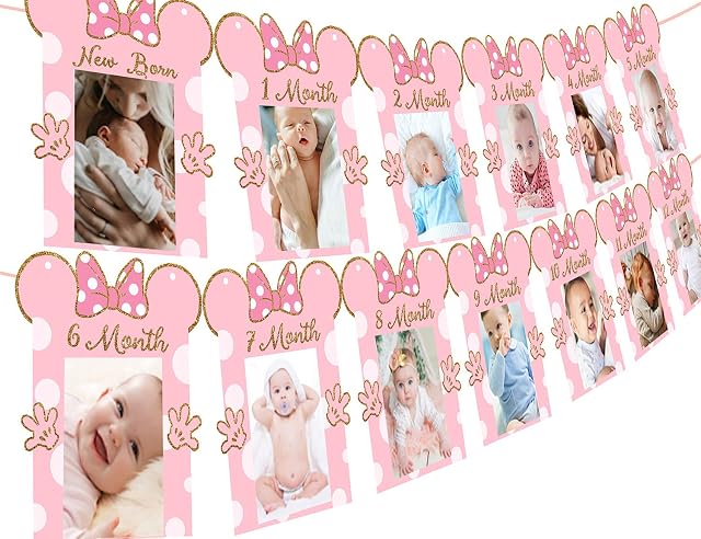 Cartoon Mouse 1st Birthday Baby Photo Banner for Newborn to 12 Months Pink and Gold Monthly Milestone Photograph Bunting Garland for Girls Cartoon Mouse Themed First Birthday Celebration Decorations