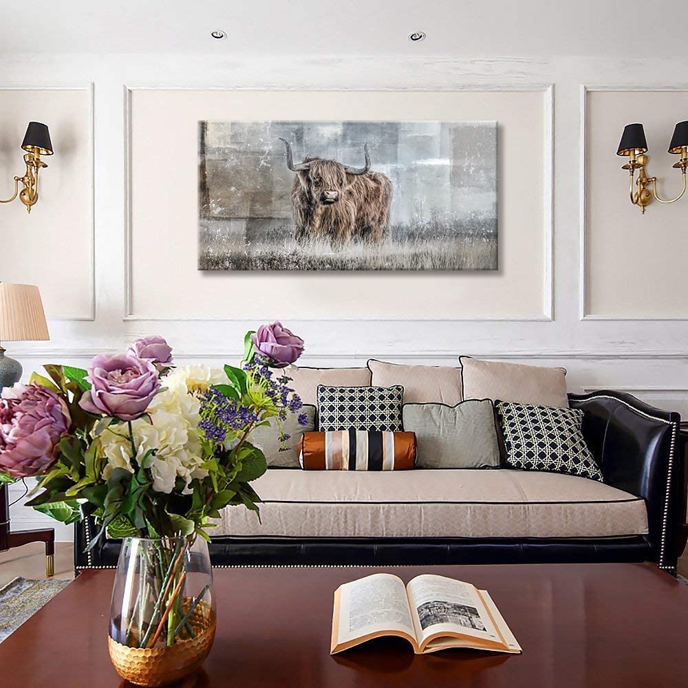 Quadro Su Tela Con Mucca Highland – Decorazione Da Parete Rustica 50x100 Cm, Stampa Giclée, Pronto Da Appendere