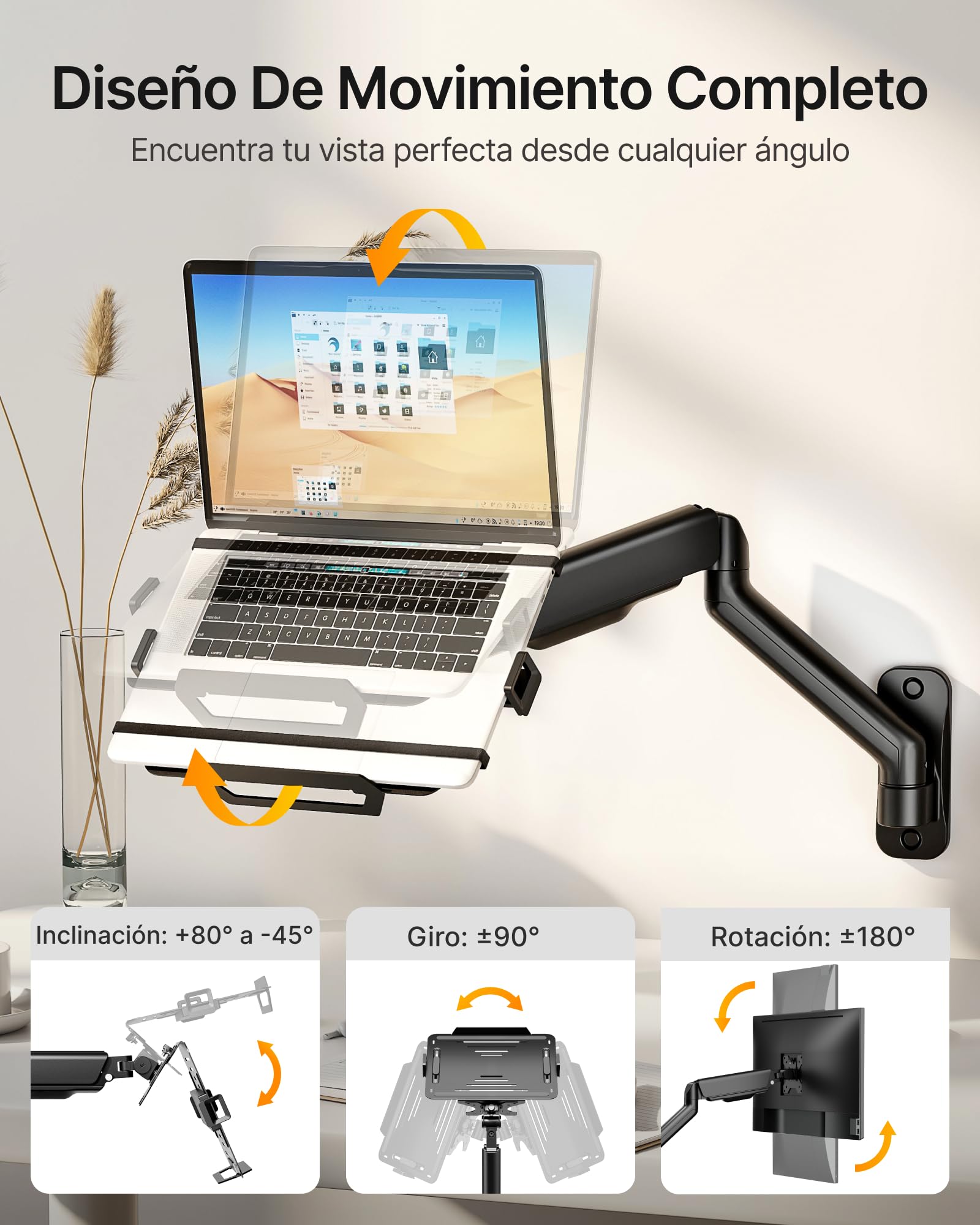 monTEK Soporte Pared 2en1 Monitor 17-32" Portátil 12-18", VESA 75/100 | hasta 9kg，Bandeja portátil ajustable ergonómica, montaje mural sencillo, disipación calor, ideal para oficina y hogar