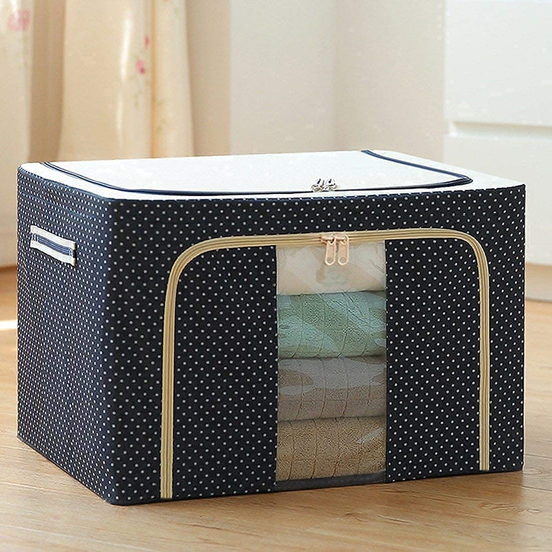 ALESSO 66LIT Clothes Storage Box for Wardrobe Cloth, Saree, Towel, Blanket Foldable Organizer Bag with Steel Frame, Top and Front Zipper Open Bags (Pack of 1 | Polka Dot Blue)-image-49