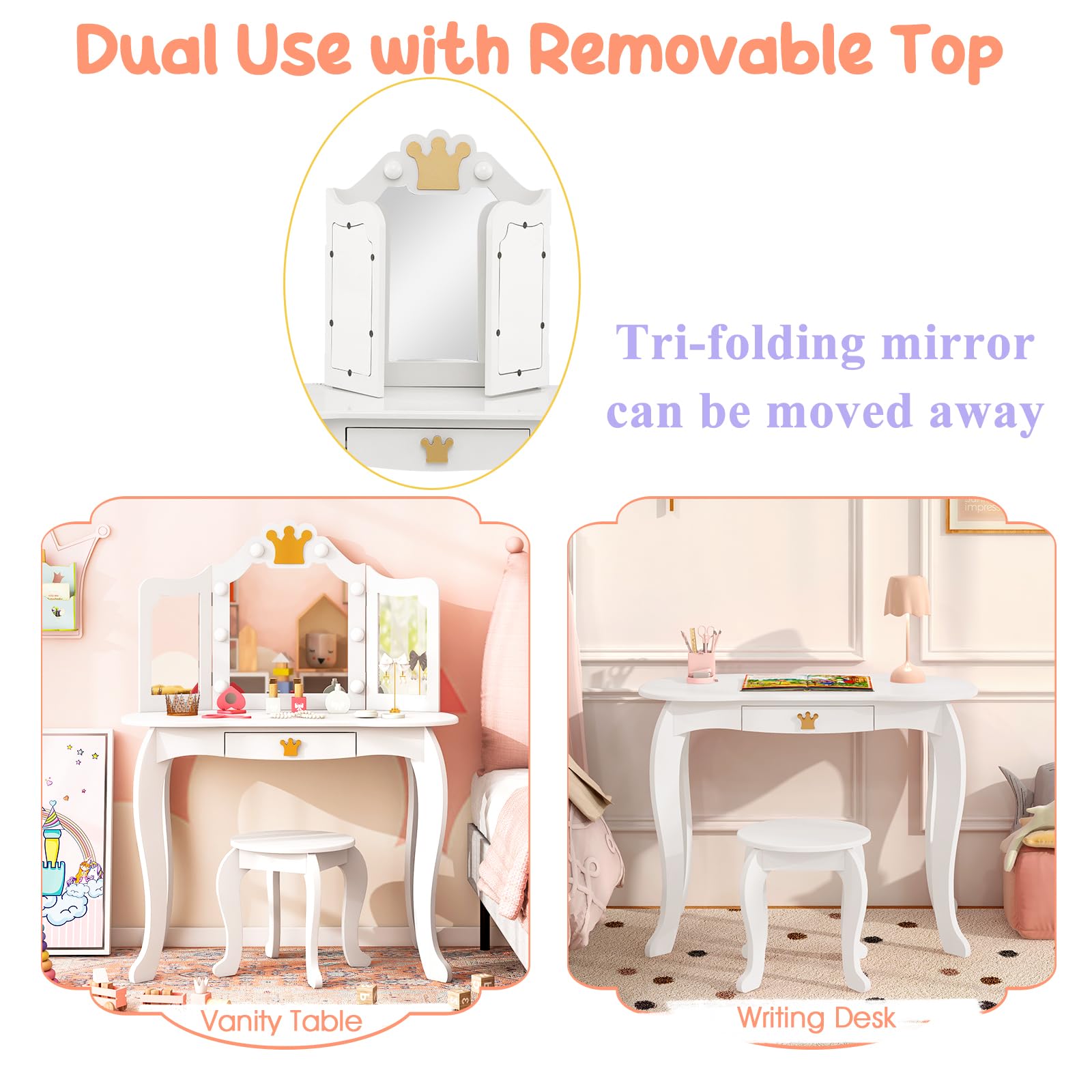 LIFEZEAL Juego de tocador Infantil, Mesa de Maquillaje con Taburete para niña, tocador con 8 Bombillas y Espejo Plegable, Set de Mesa y Silla con cajón