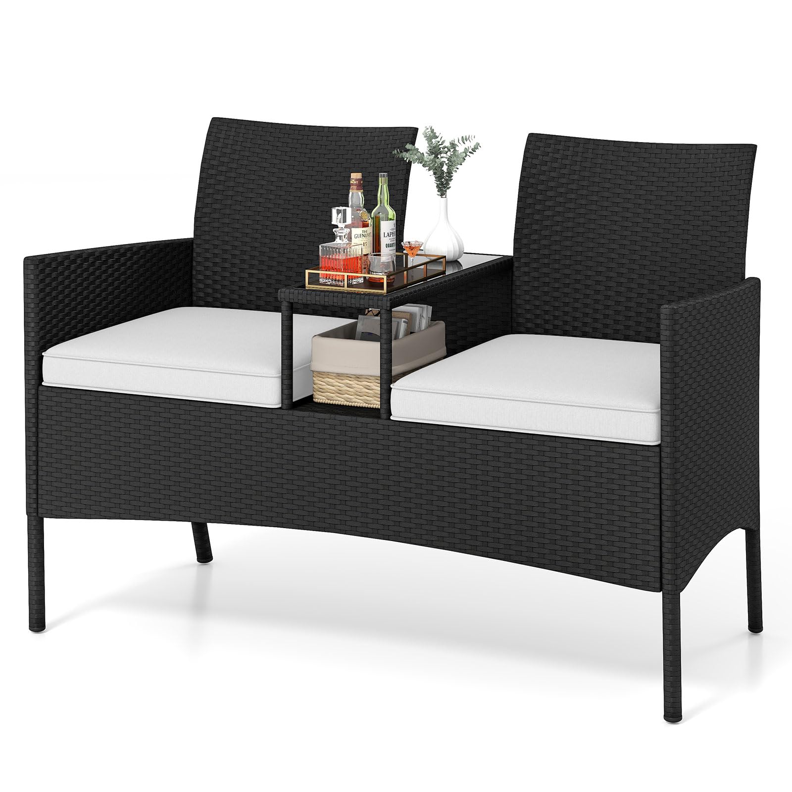 GIANTEX Rattan Gartenbank 2 Sitzer mit Tisch, Sitzbank Outdoor mit Auflage, Balkonbank für 2 Personen, Terrassenbank Parkbank wetterfest, Balkonmöbel Bank 360 kg tragbar, Gartenmöbel 124 x 62 x 84 cm