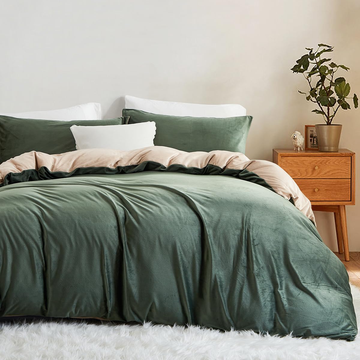 Lanqinglv Ropa de Cama mullida de 135 x 200 cm, Color Verde y Beis, para Invierno, de Felpa, de Franela Reversible, con Tacto de Cachemira, Funda nórdica con Cremallera y 1 Funda de Almohada de 80 x